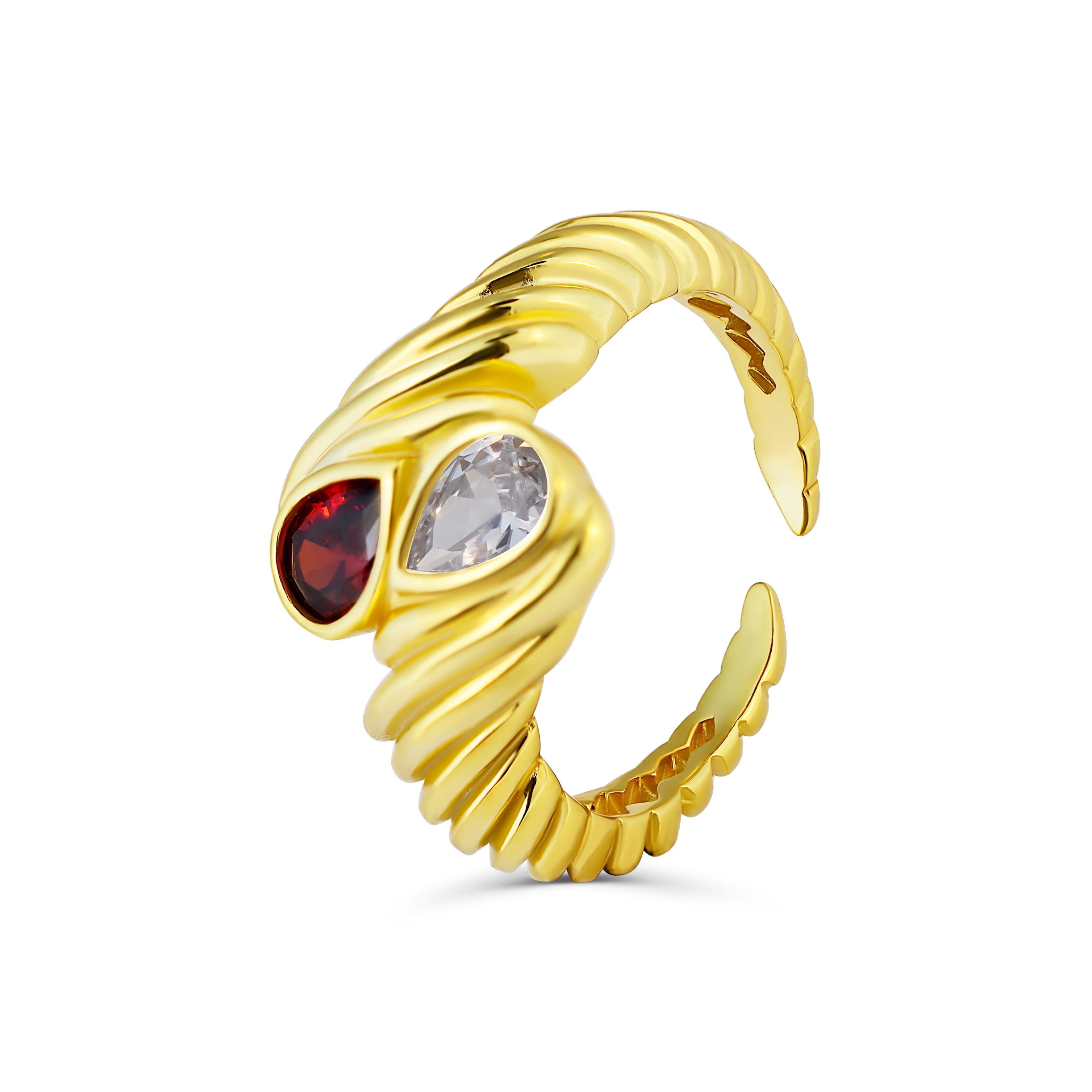 Inel Art Deco din argint placat cu aur 18K, cu piatră roșie zirconia — bijuterie elegantă, glam și atemporală, marca Maison La Stéphanie.