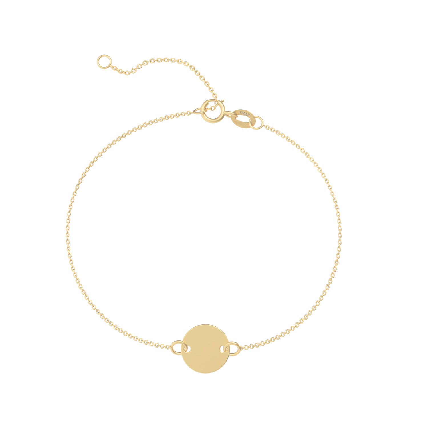 Brățară personalizabilă din aur 14K cu bănuț de 10 mm – gravată cu inițiale, nume sau simboluri speciale. Bijuterie cadou cu valoare emoțională, perfectă pentru purtare zilnică.