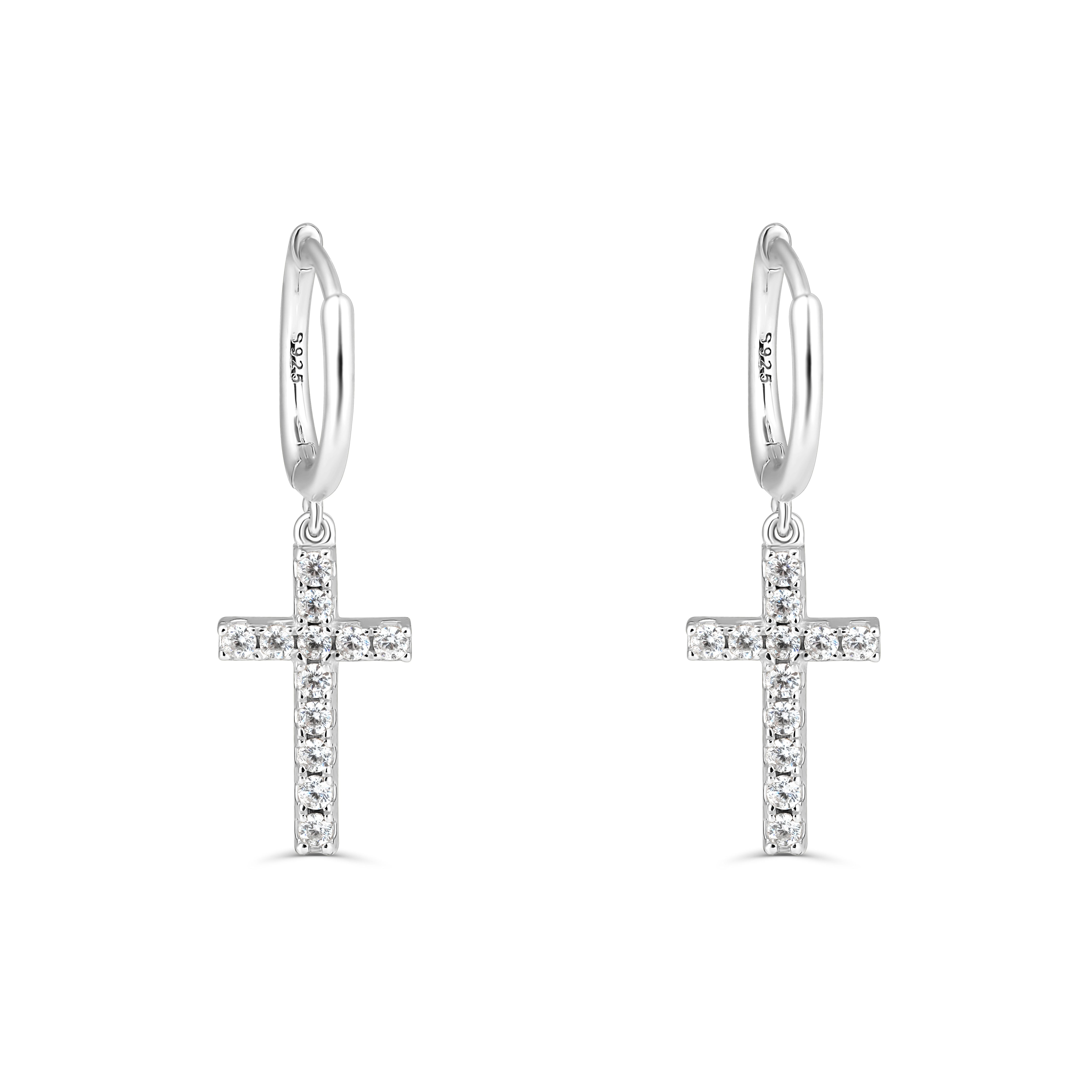 Cercei hoop din argint cu cruciuliță și pietre zirconia — bijuterie elegantă, versatilă și ideală pentru cadou, marca Maison La Stéphanie.