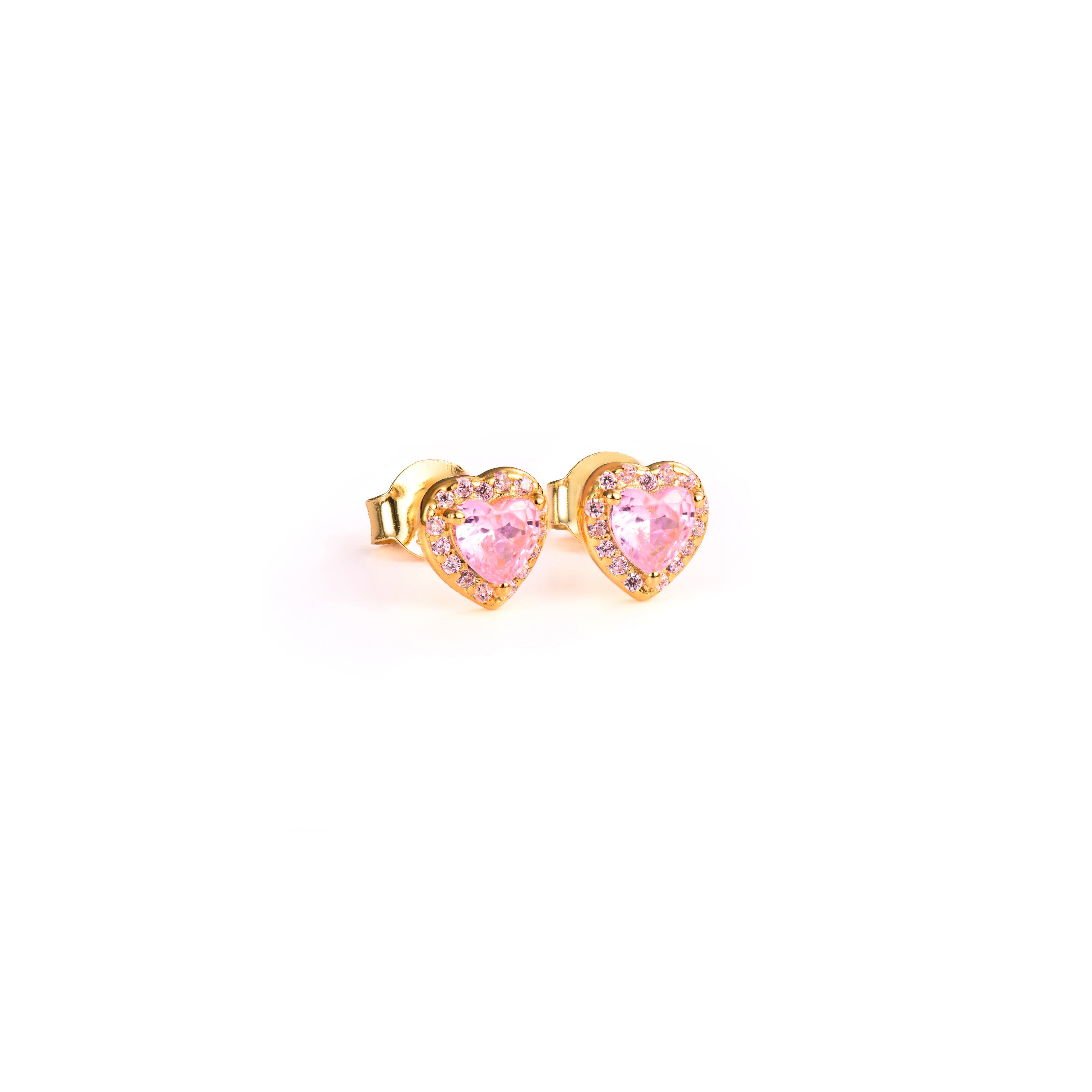 Cercei inimioară din argint 925 placat cu aur 18K și zirconii roz — bijuterii delicate și feminine, semnate Maison La Stéphanie, perfecte pentru cadouri elegante.