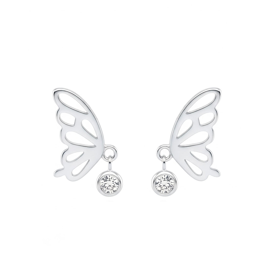 Cercei eleganți în formă de aripi de fluture din argint 925 cu zirconii strălucitoare. Bijuterie rafinată, simbol al grației și al feminității. Maison La Stéphanie.