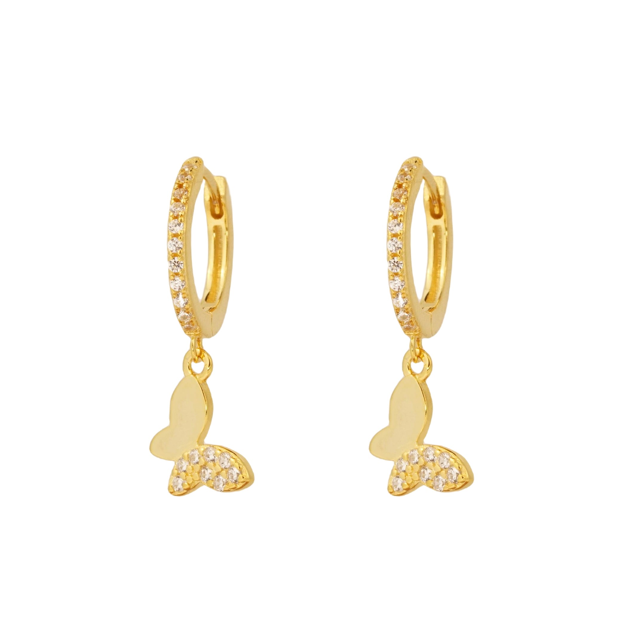 Cercei fluture din argint placat cu aur 18K, cu zirconii strălucitoare — bijuterie elegantă Maison La Stéphanie, simbol al feminității, luminii și transformării.