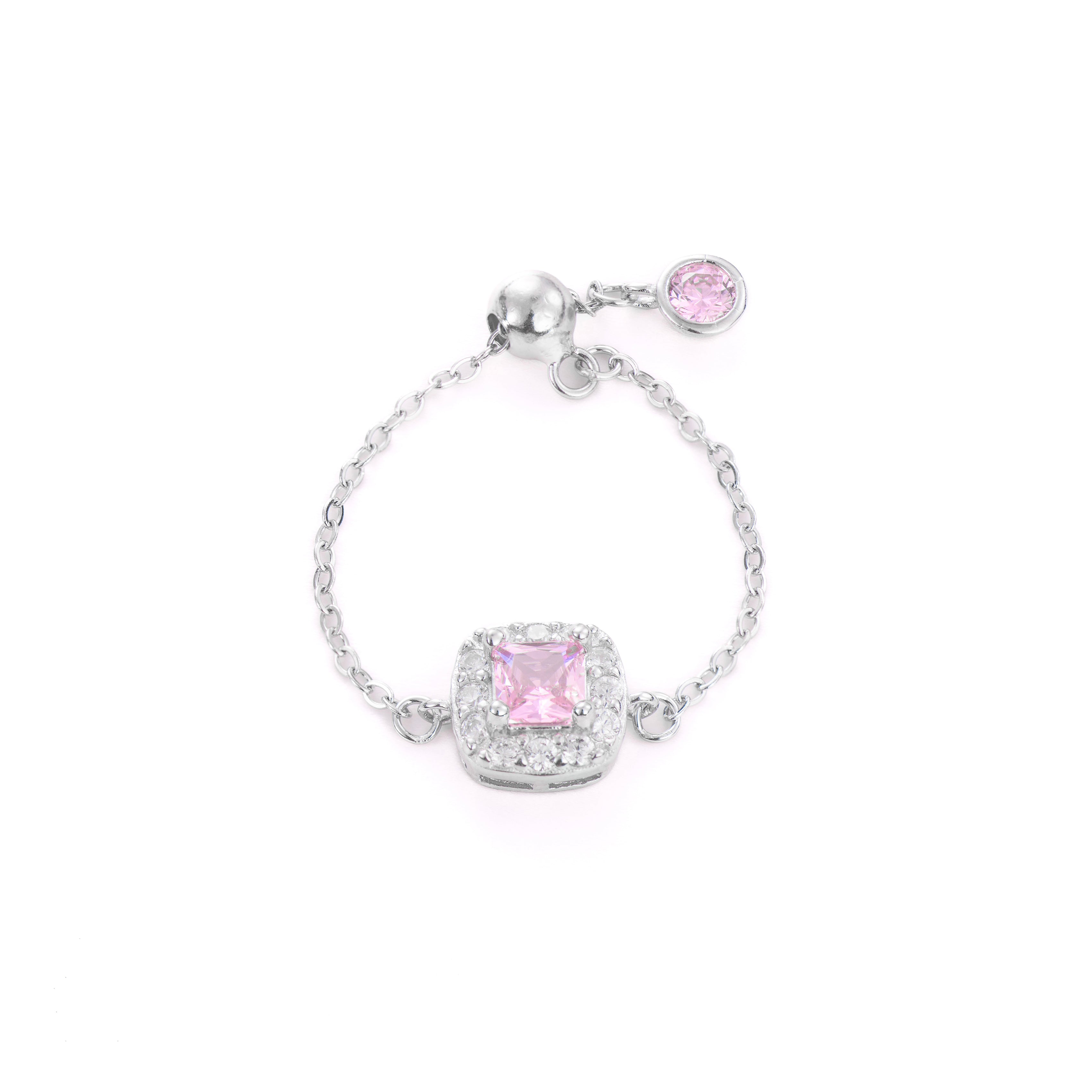 Inel Fine Chain din argint 925 placat cu rodiu, cu piatră roz zirconia de 7 mm – bijuterie elegantă Maison La Stéphanie, cu design reglabil și lanț fin.