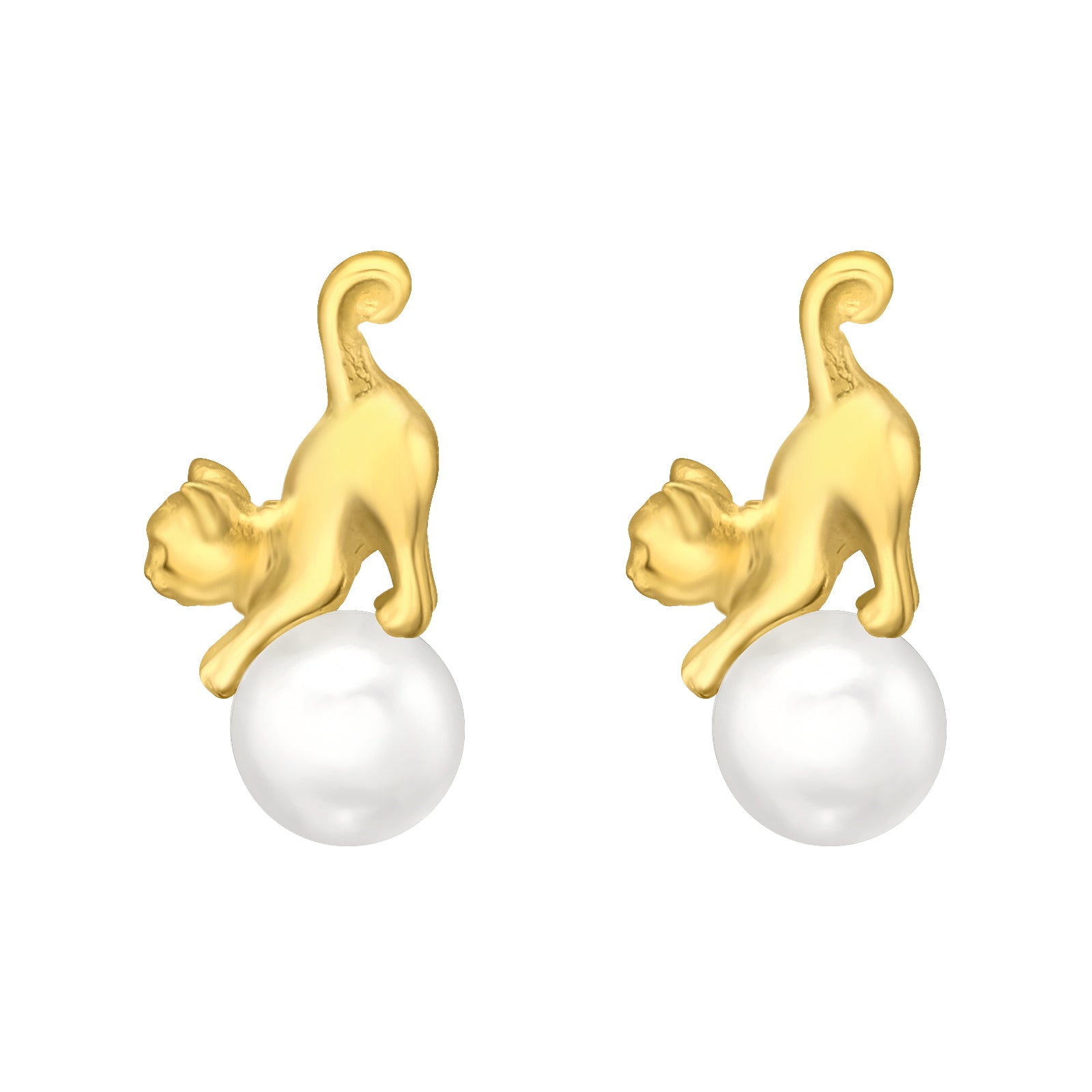 Cercei eleganți cu pisicuțe și perle, din argint 925 placat cu aur 24K — bijuterie feminină și jucăușă Maison La Stéphanie, ideală pentru cadou.