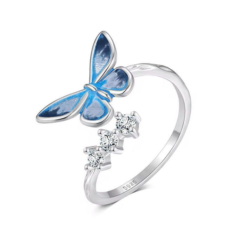 Inel din argint 925 placat cu rodiu, cu fluture albastru din email și zirconii strălucitoare, design ajustabil