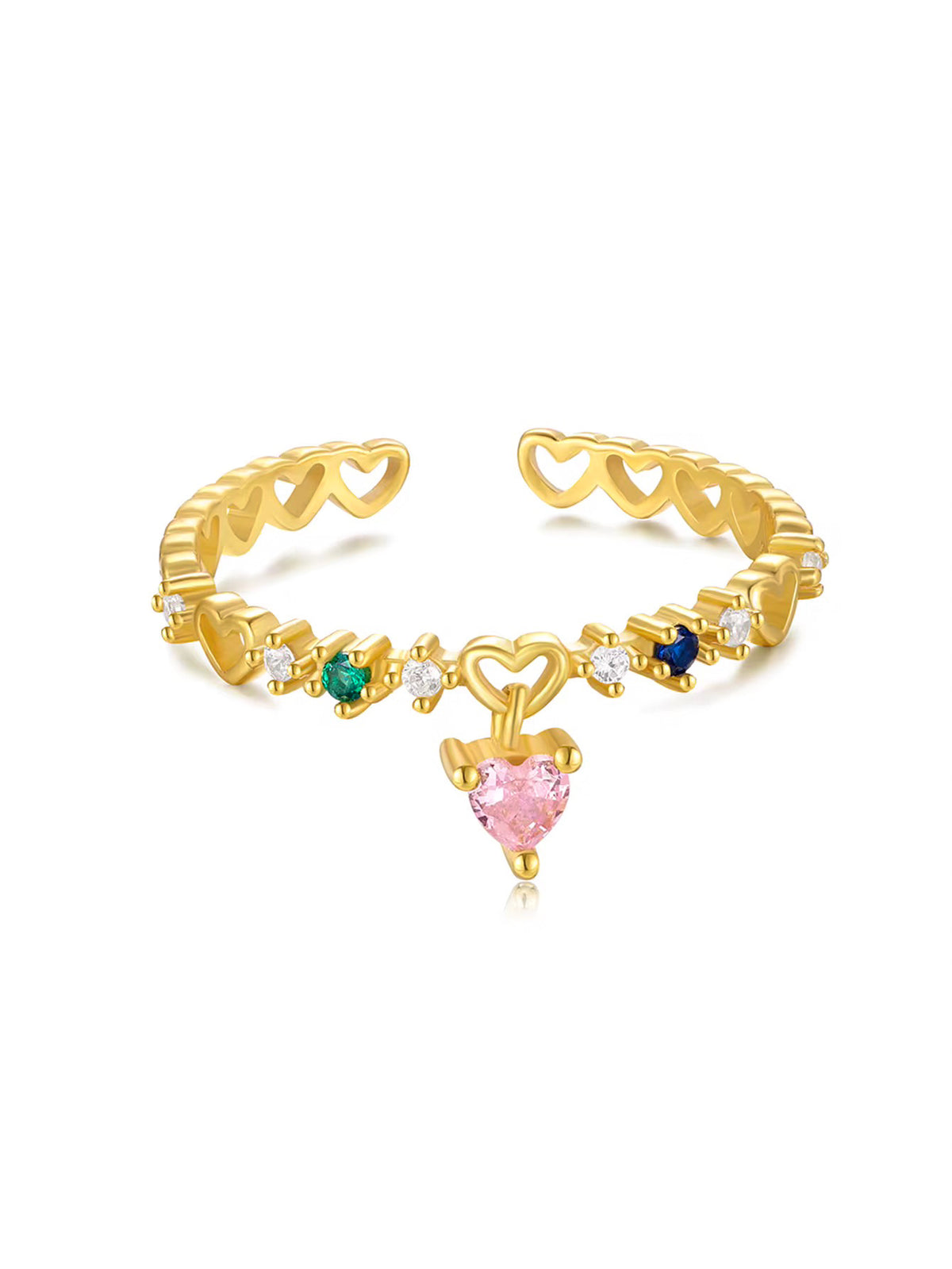 Inel din argint 925 placat cu aur, decorat cu inimioare decupate și pietre colorate, inclusiv o inima roz suspendata – Maison La Stéphanie