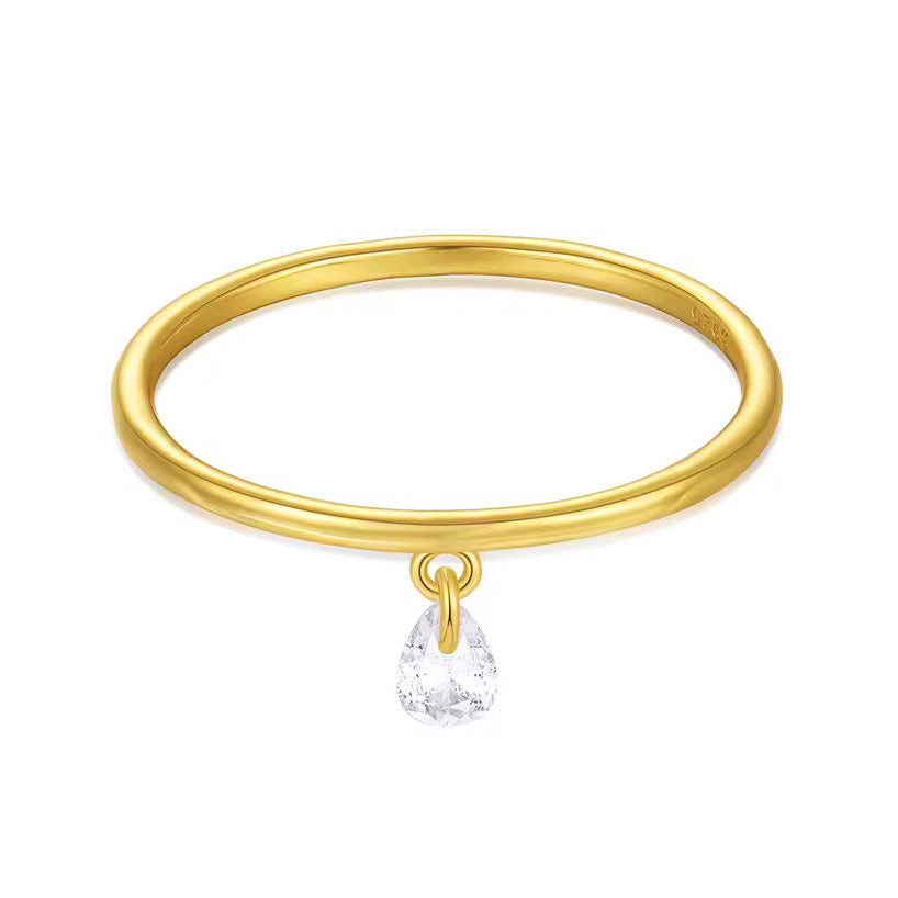 inel fin placat cu aur cu piatră zirconiu picătură, mărimea 7