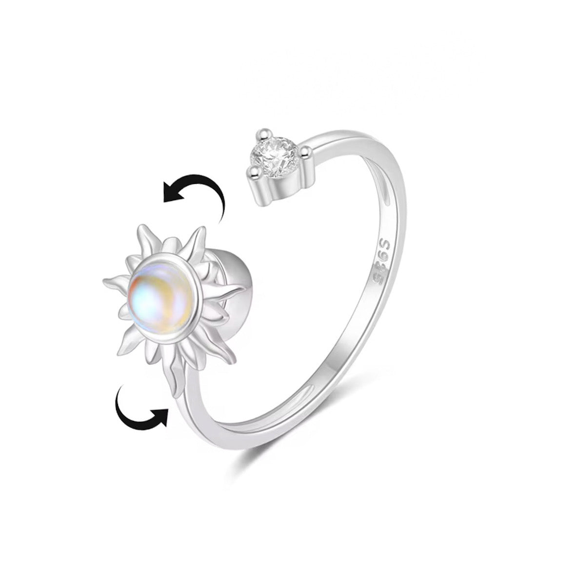 Inel din argint 925, cu soare opalescent rotativ și zirconiu strălucitor, model ajustabil AU friendly