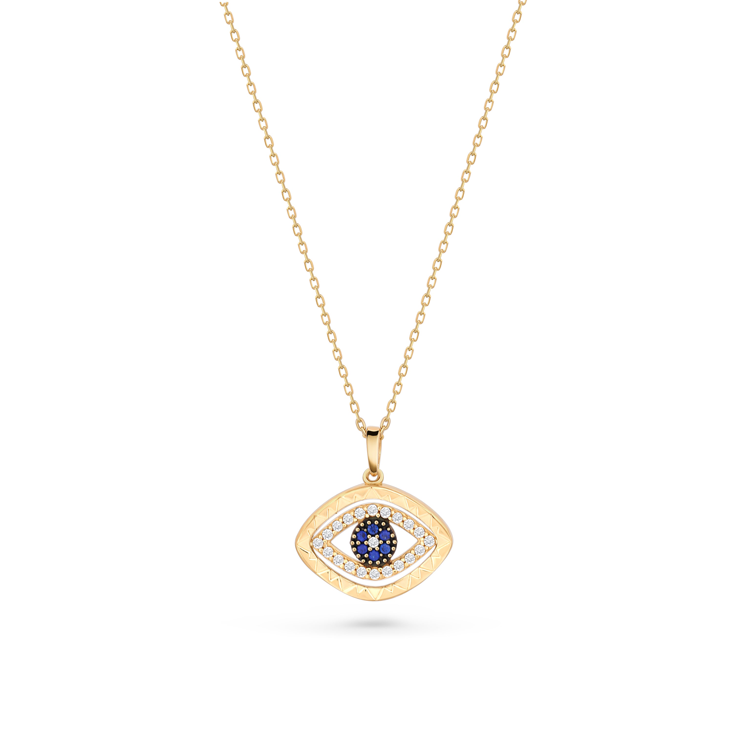 Lantisor din aur galben 14K cu pandantiv oval in forma de ochi protector, decorat cu zirconii albe si piatra centrala albastra
