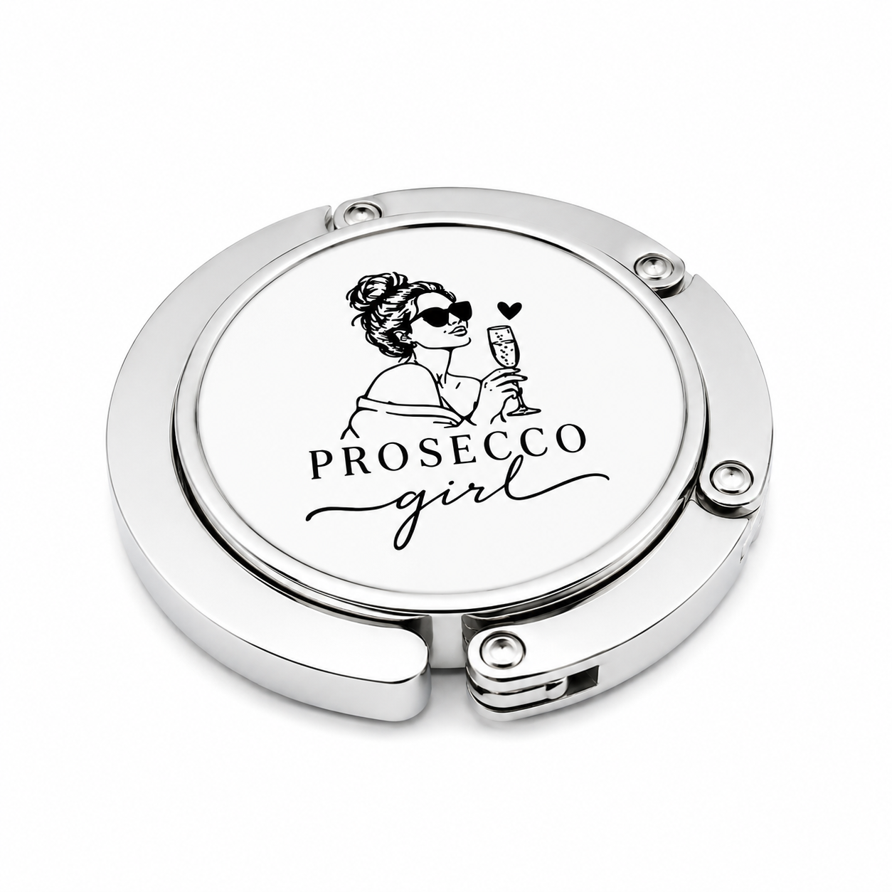 Agățătoare personalizată pentru geantă argintie din stainless steel, pliabilă, personalizată cu nume, logo sau design propriu.