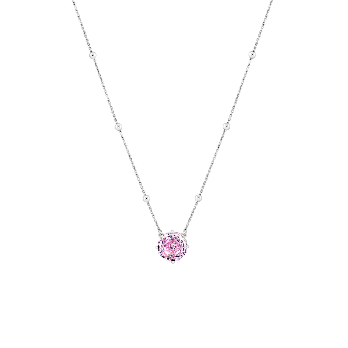 Colier din argint 925 placat cu rodiu, cu moissanit rose de 1 ct și design modern cu detalii fine pe lanț. Bijuterie feminină, elegantă și versatilă.