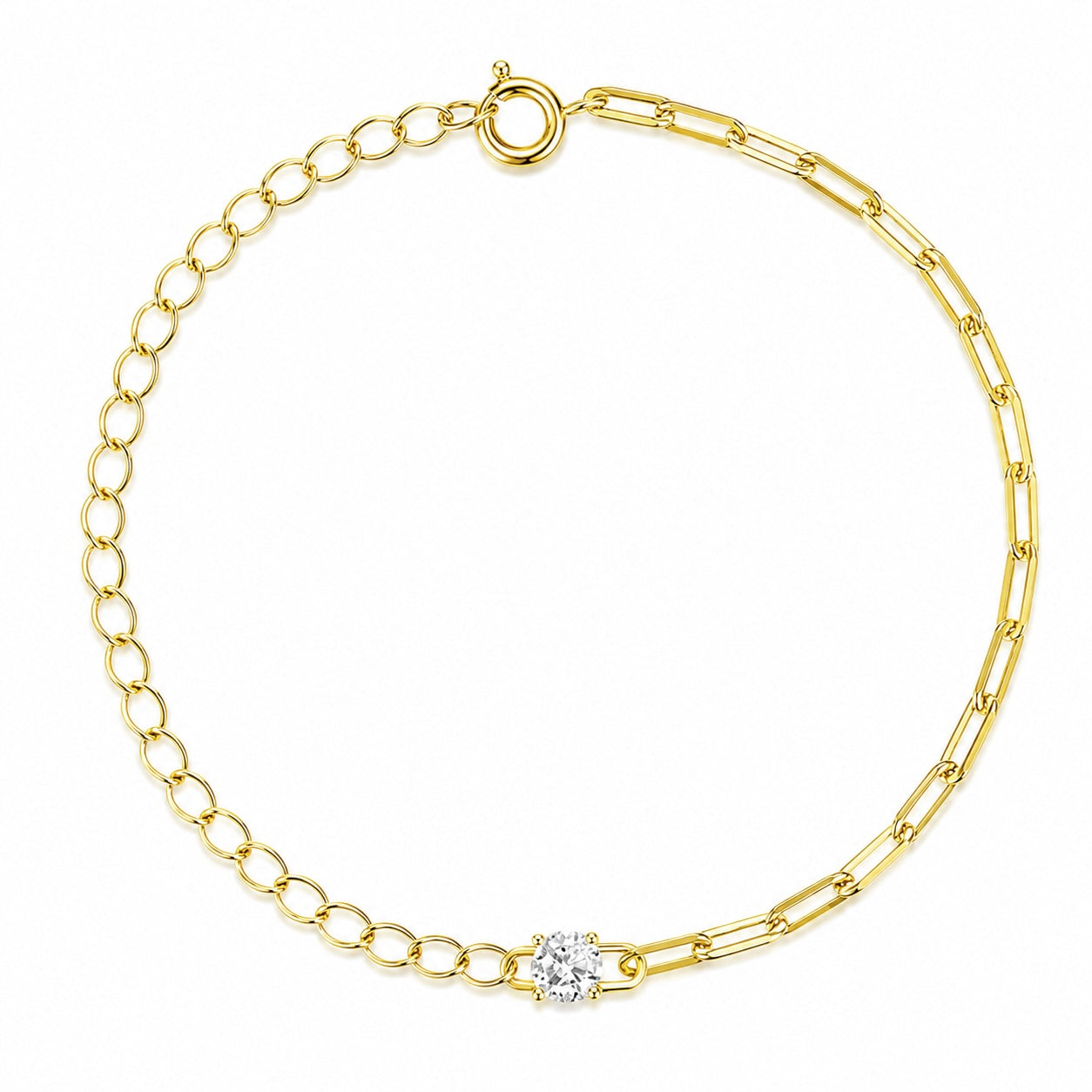 Brățară din argint 925 placat cu aur, cu zirconiu central și design modern mixed chain links. Model elegant și feminin.