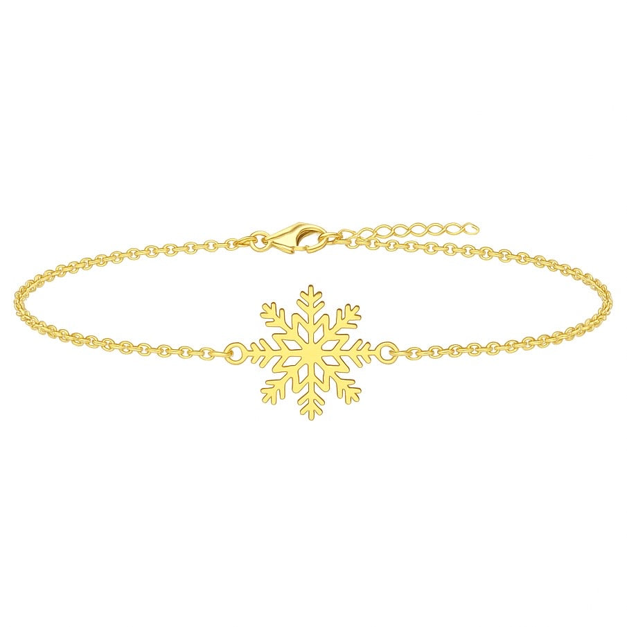 Brățară subțire din argint placat cu aur 18K, cu fulg de nea de 15 mm, lanț fin de 1 mm, lungime 14+4 cm.