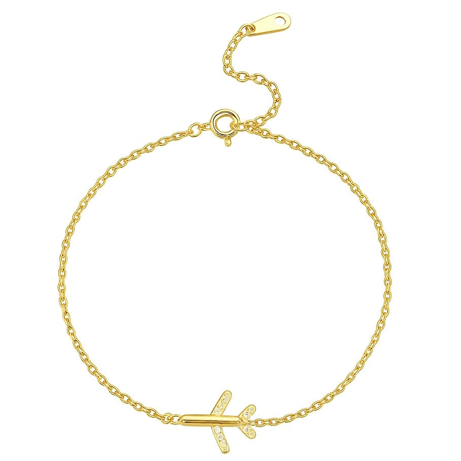 Brățară fină din argint placat cu aur 18K, cu un avion din zirconii, lanț de 1 mm, lungime 16+3 cm.