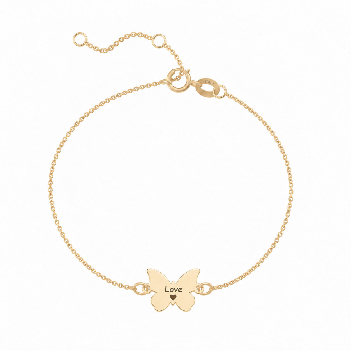 Charm din aur galben 8K (333) pentru bratara Libre Comme l'Air, in forma de fluture stilizat cu patru aripi simetrice, aripi superioare ample si aripi inferioare rotunjite, pandantiv fluturas personalizabil prin gravura MAISON Stéphanie