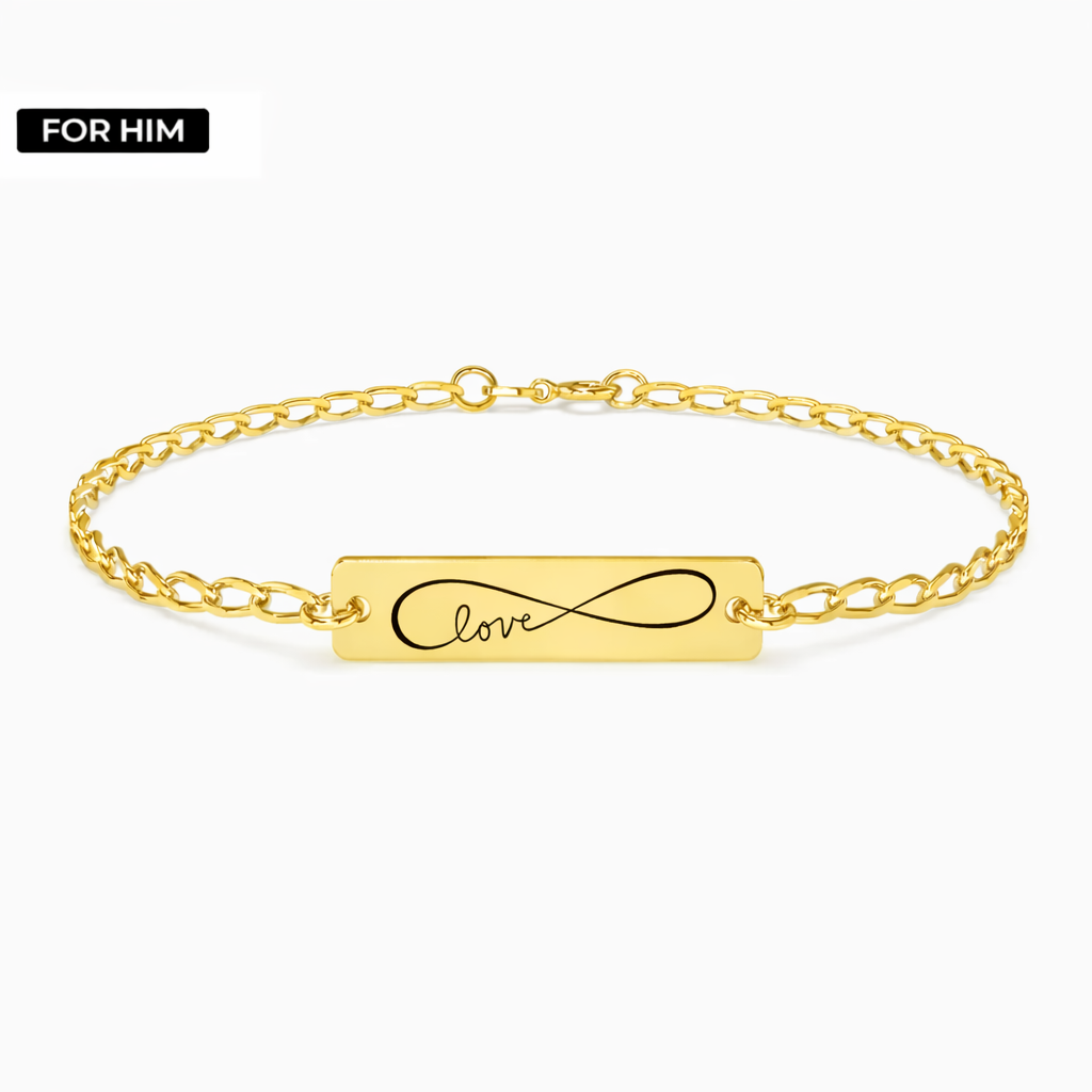 bratara barbati argint placat cu aur cu placuta dreptunghiulara gravata simbol infinit si mesaj love