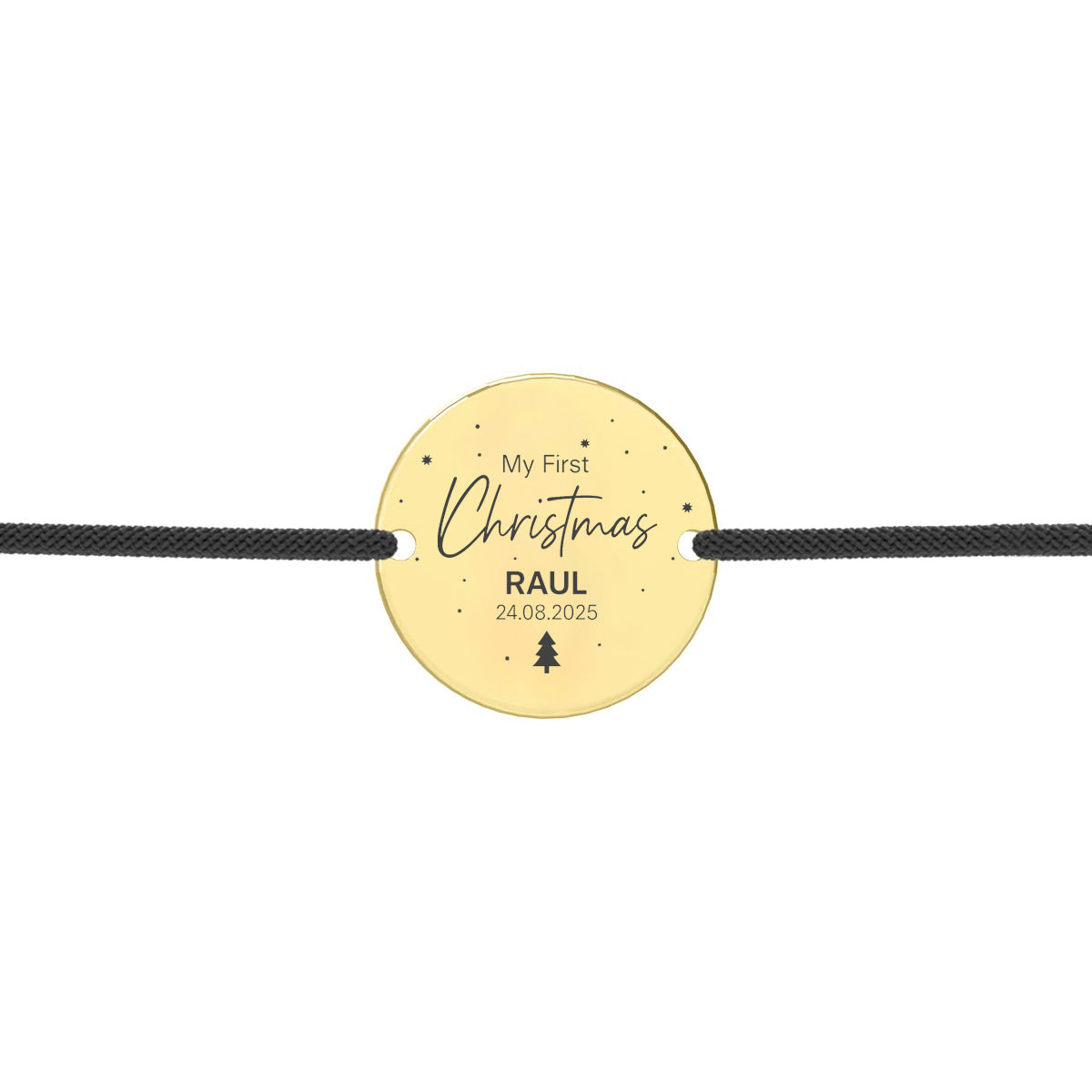 Brățară pentru nou-născut cu șnur și banut din argint placat cu aur 18K, diametru 16 mm, gravat cu “My First Christmas”, numele copilului și data nașterii.