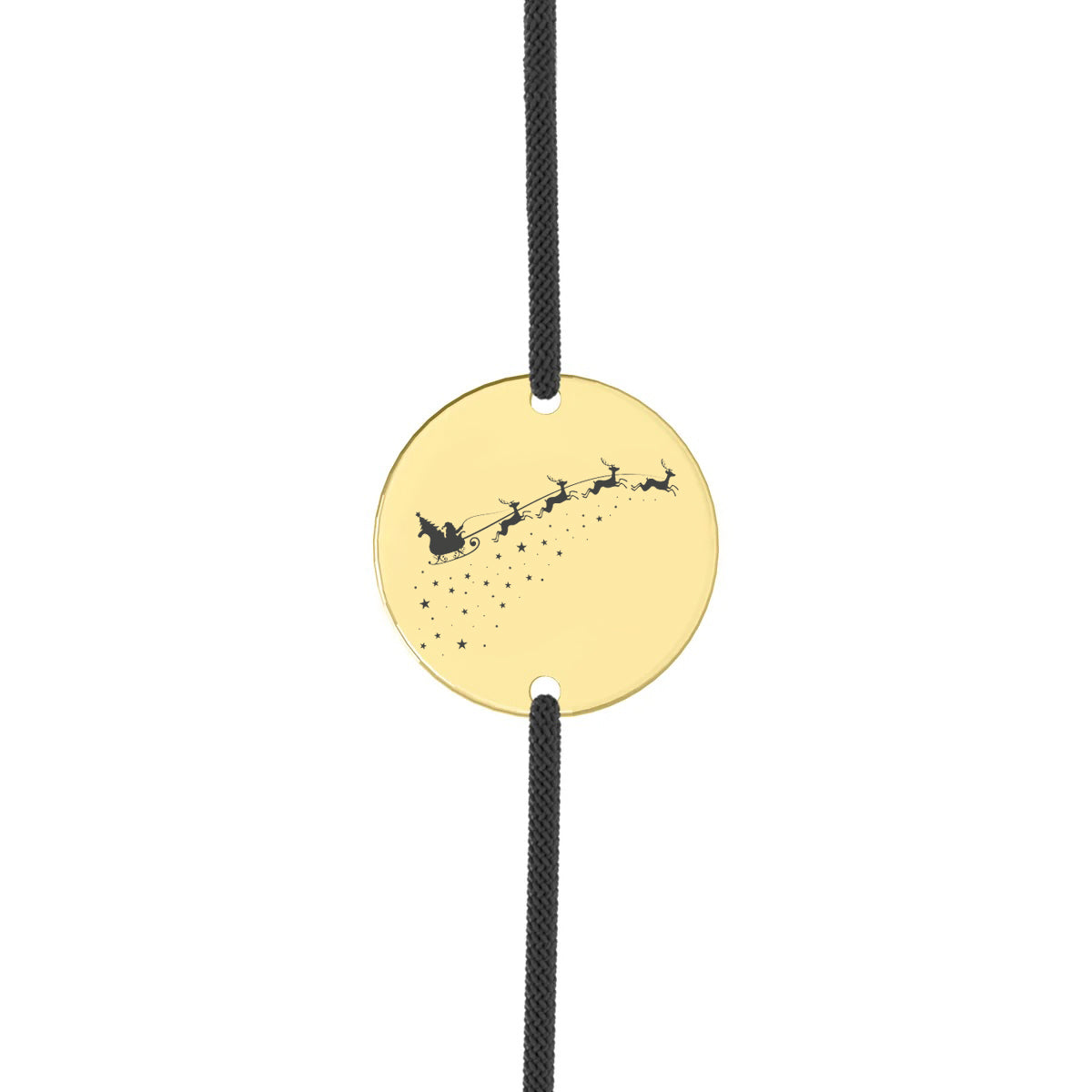 Brățară cu șnur negru și disc din argint placat cu aur 18K, gravat pe față cu Moș Crăciun în sanie și renii, iar pe verso cu un mesaj personalizat cu numele copilului.