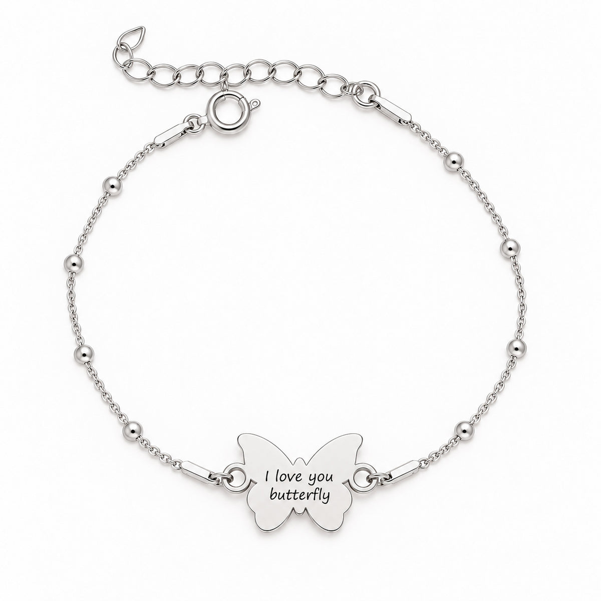 Bratara cu bilute Libre Comme l'Air din Argint 925, pandantiv in forma de fluture cu aripi rotunjite, gravura I love you butterfly, lant fin cu bilute argintii si inchidere ajustabila
