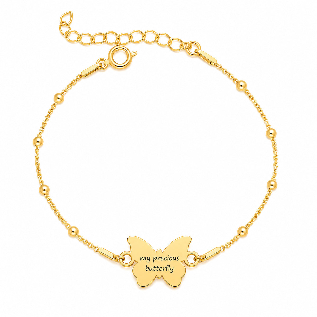 Bratara cu bilute Libre Comme l'Air din Argint 925 placat cu Aur de 18K, pandantiv auriu in forma de fluture cu aripi rotunjite, gravura I love you butterfly, lant fin cu bilute aurii si inchidere ajustabila