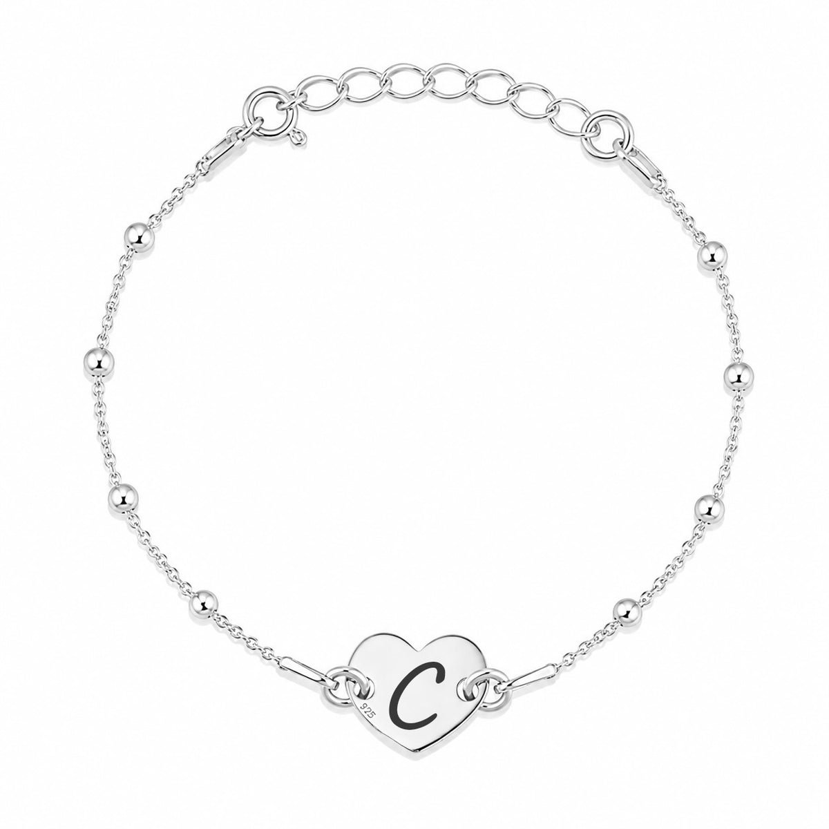 Bratara cu bilute personalizata din argint 925 cu initiala si inimioara, bijuterie delicata MAISON Stéphanie si cadou personalizat pentru femei