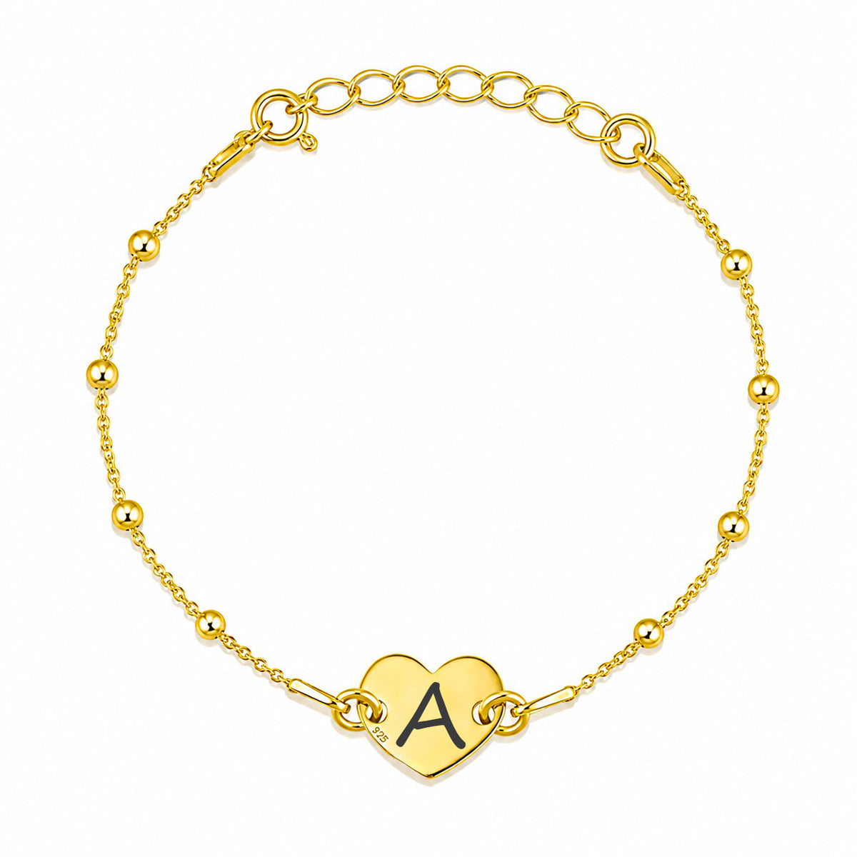 Bratara cu bilute personalizata din argint 925 placata cu aur cu initiala si inimioara, bijuterie delicata MAISON Stéphanie si cadou personalizat pentru femei