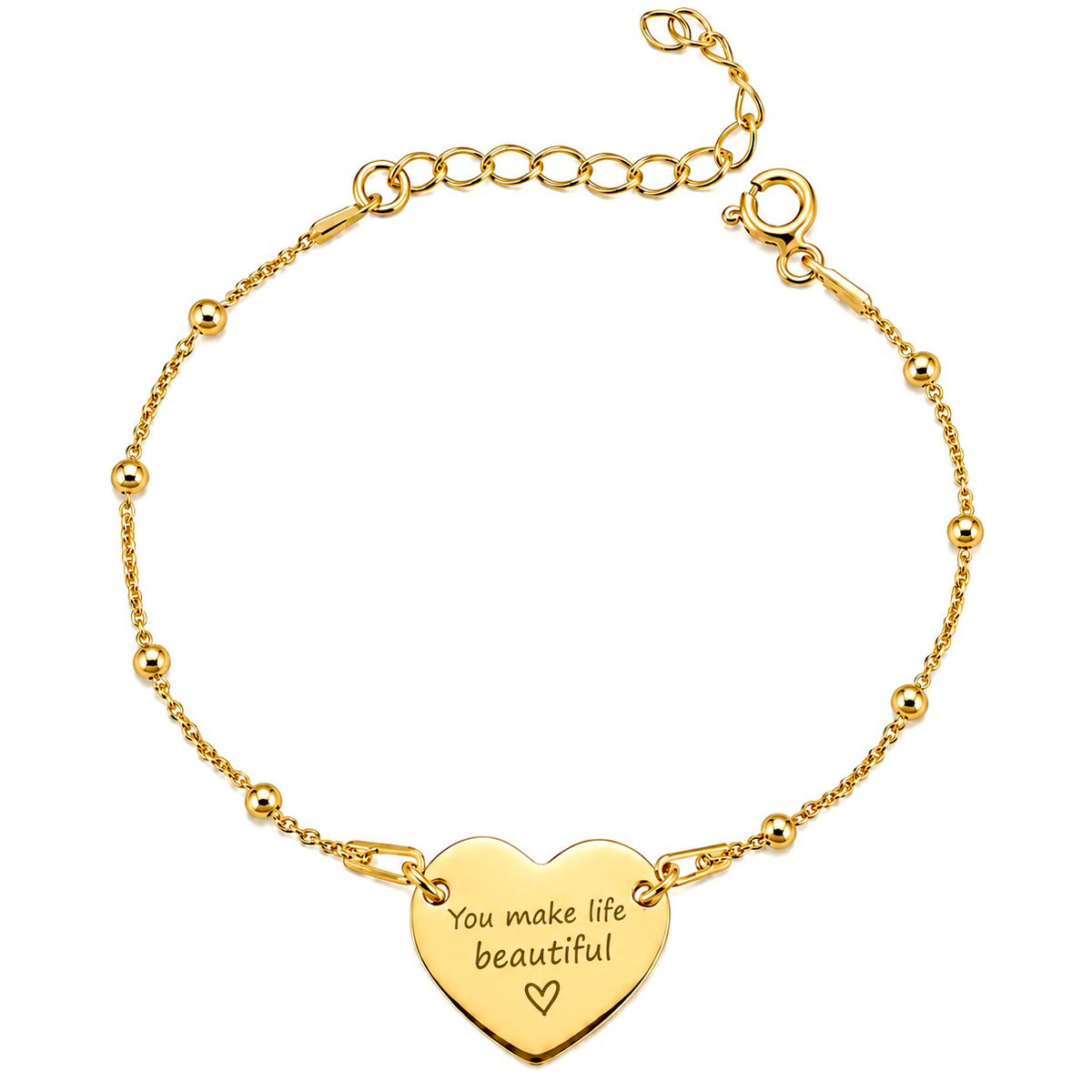 Bratara cu bilute personalizata din argint 925 placata cu aur, cu inimioara si mesaj gravat, bijuterie MAISON Stéphanie si cadou personalizat pentru femei