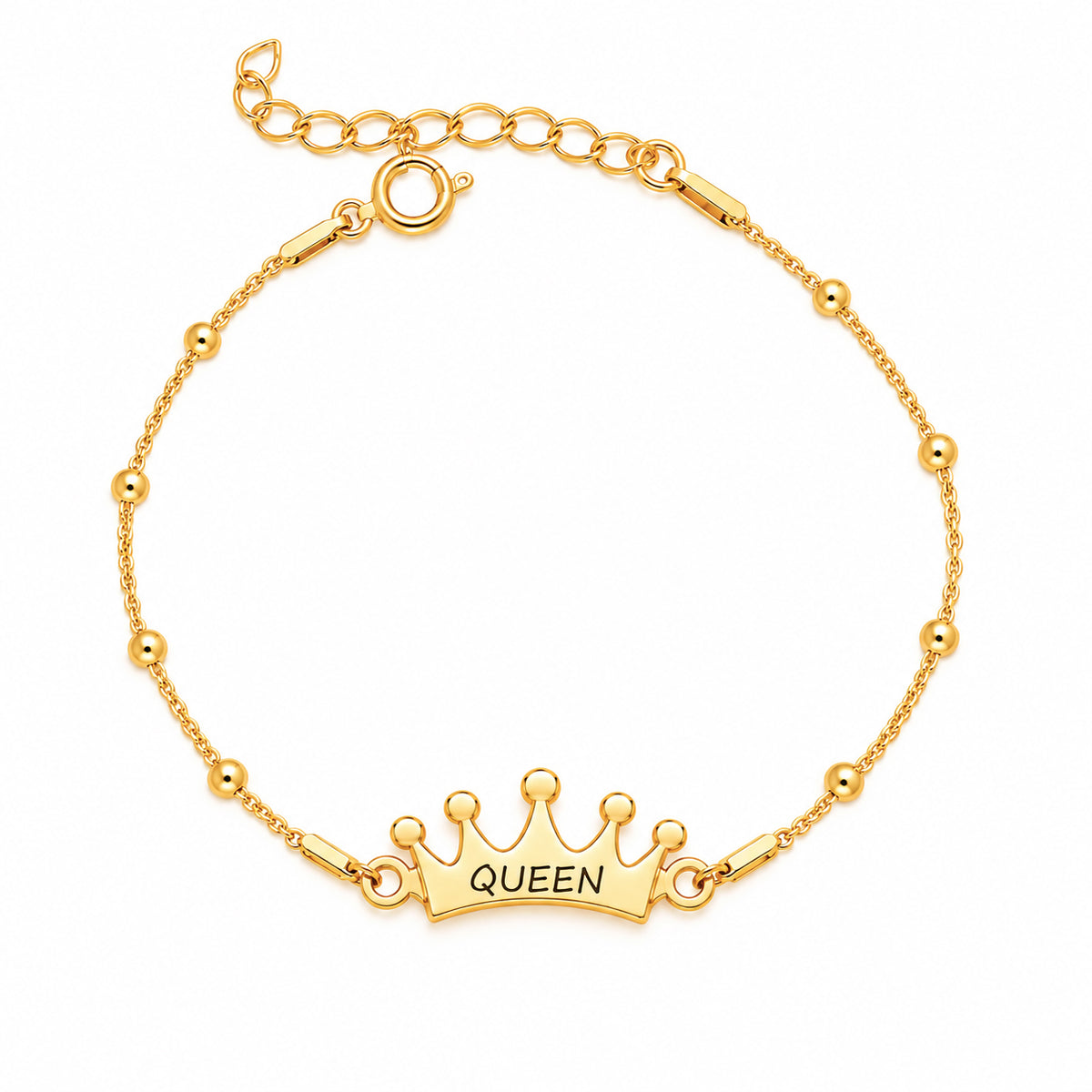 Bratara cu bilute Petite Reine din Argint 925 placat cu Aur de 18K, pandantiv auriu in forma de coronita cu cinci varfuri rotunjite, gravura My princess, lant fin cu bilute aurii si inchidere ajustabila
