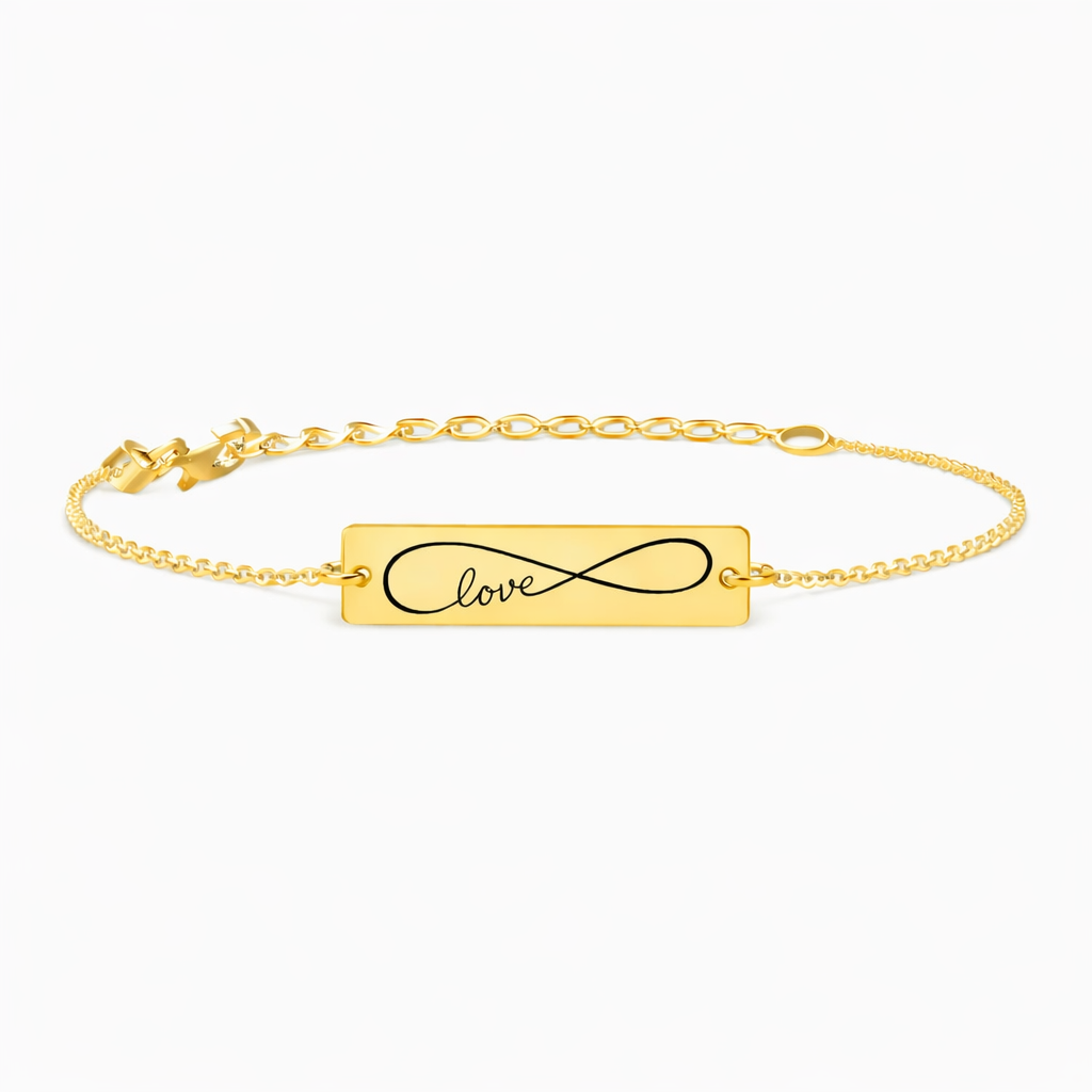 bratara dama argint 925 placat cu aur cu placuta dreptunghiulara gravata infinity love