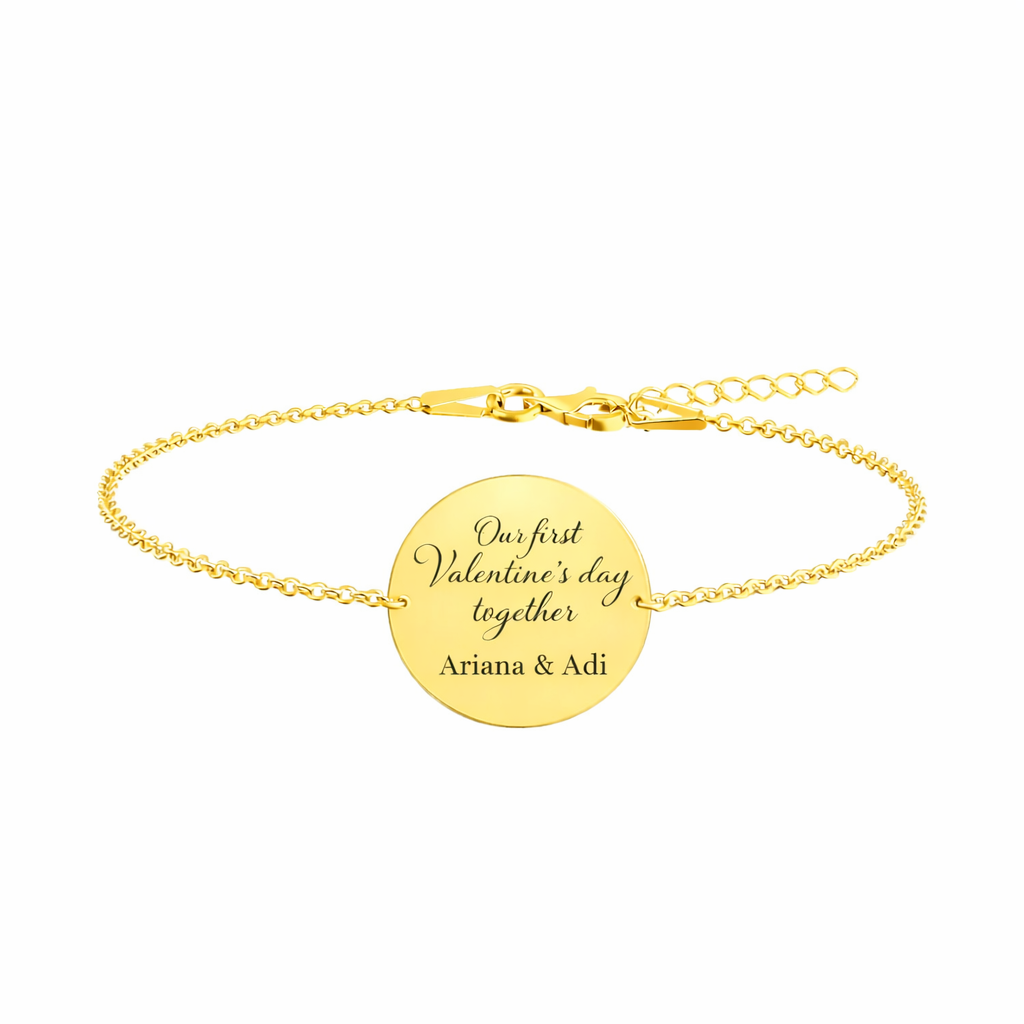 bratara dama argint placat cu aur cu banut rotund 16 mm gravat our first valentines day nume personalizate