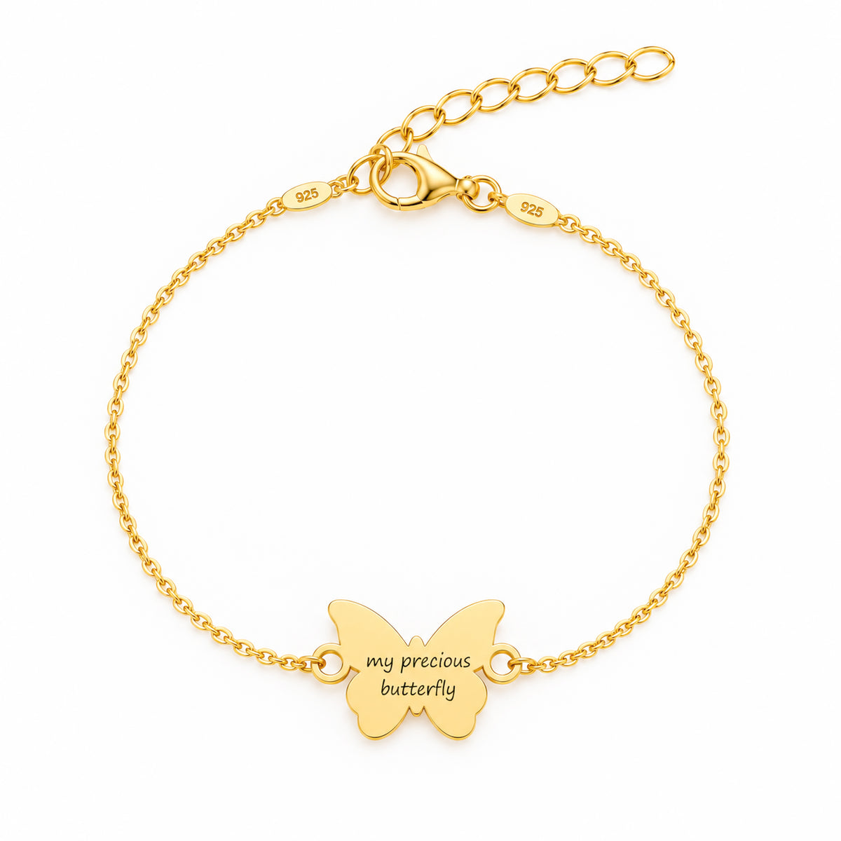 Bratara Libre Comme l'Air din Argint 925 placat cu Aur de 18K, cu pandantiv in forma de fluture personalizabil gravat, lant fin ajustabil si inchidere cu carabina