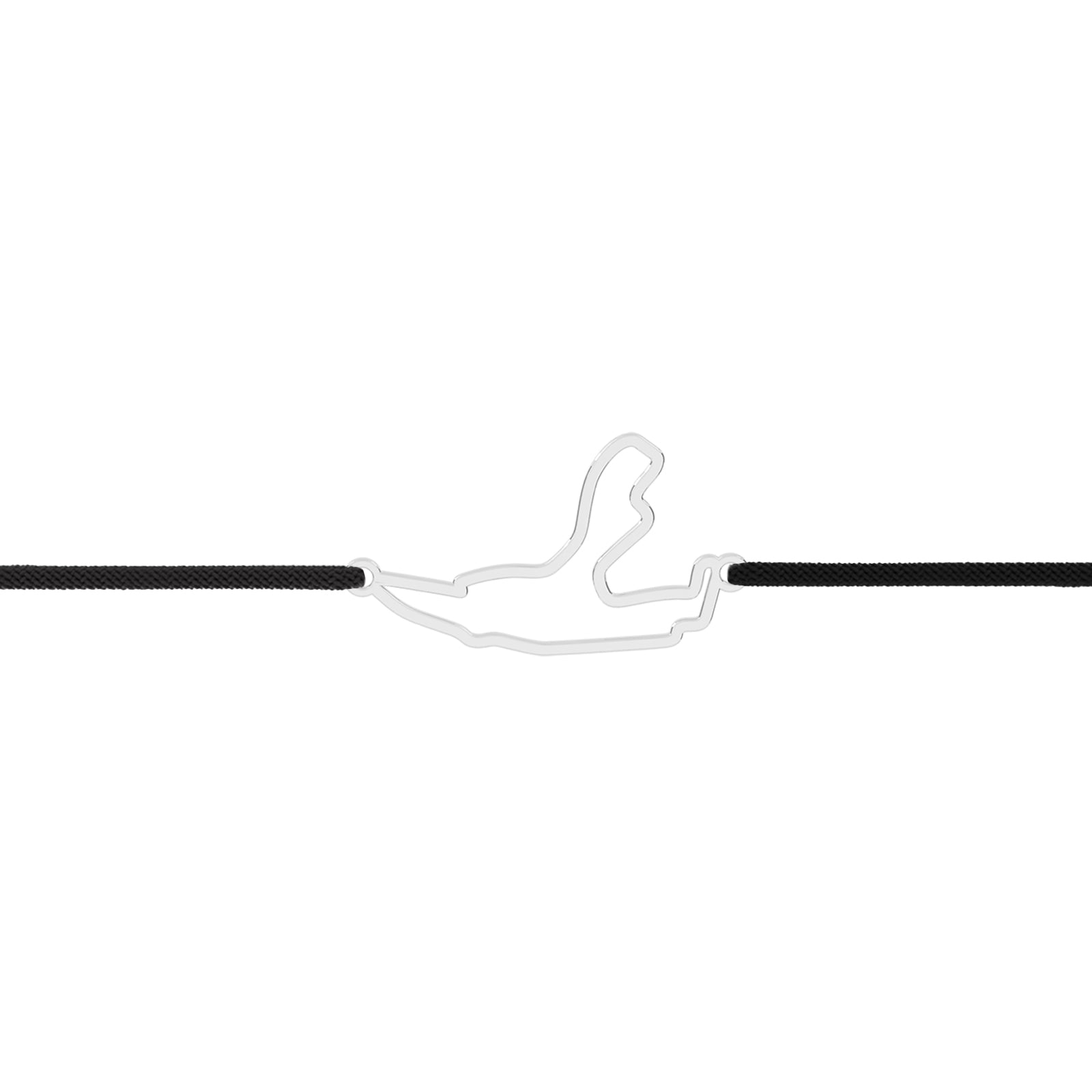 Brățară personalizată din argint 925 cu element central în forma circuitului de curse ales și șnur negru reglabil, disponibil în mai multe culori, prezentată pe fundal alb, Maison Stéphanie.