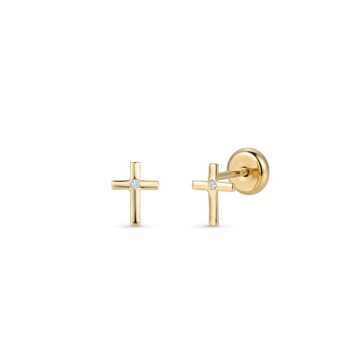 Cercei din aur 9K în formă de cruce minimalistă, cu zircon central transparent, design delicat și închidere cu șurub plat – Maison La Stéphanie