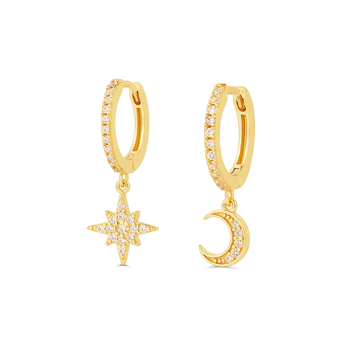 Bijuterie elegantă din argint 925 placat cu aur 18K, cerceii Celestial Duo sunt un cadou ideal pentru femeile care iubesc rafinamentul și simbolurile cosmice. Maison La Stéphanie.