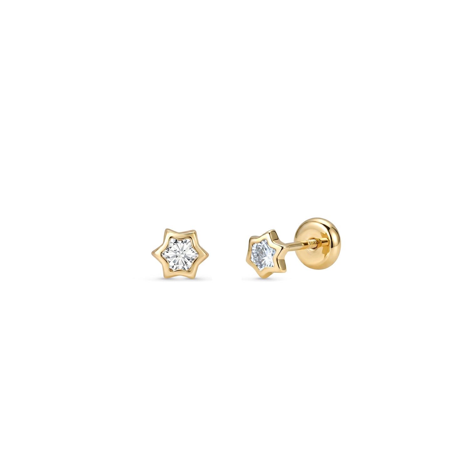 Cercei mici din aur 9K în formă de stea, cu zircon transparent central, design delicat și închidere cu șurub plat – Maison La Stéphanie.