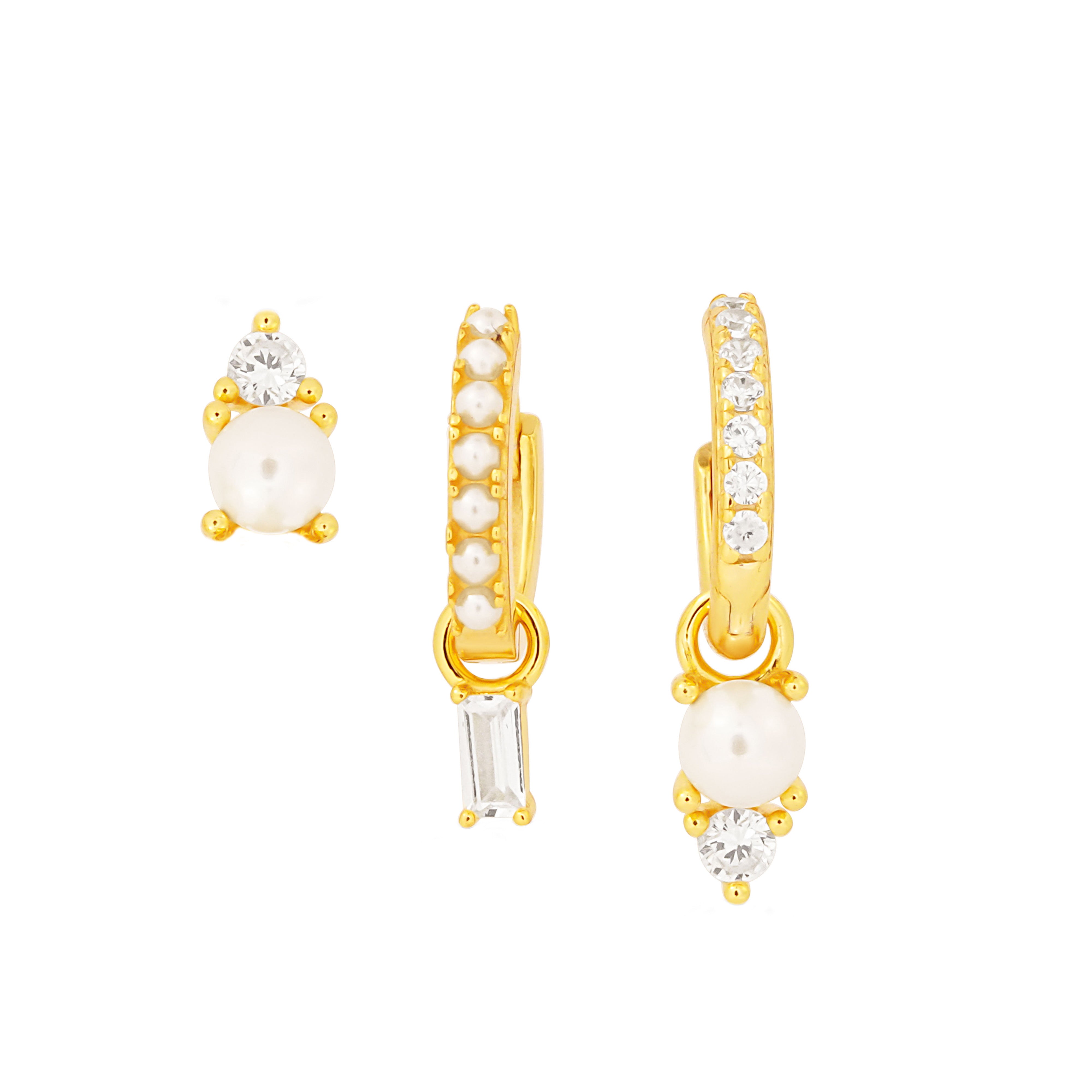 Cercei cu perle și zirconii din argint 925 placat cu aur 24K. Set elegant de trei perechi, perfect pentru cadouri rafinate. Maison La Stéphanie.