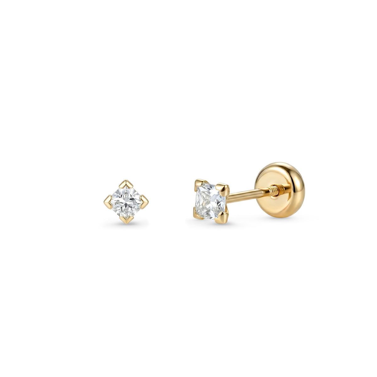 Cercei din aur 9K cu zircon pătrat de 3,5 mm, design geometric minimalist și sistem de închidere cu șurub plat – Maison La Stéphanie.