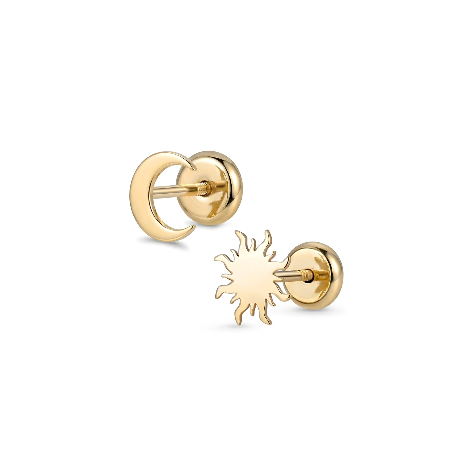 Cercei din aur 9K asimetrici, cu soare și lună de 6,5 mm, design simbolic și delicat, cu închidere cu șurub plat – Maison La Stéphanie
