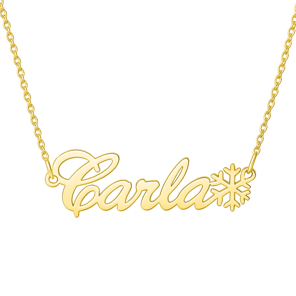 Colier subțire din argint placat cu aur 18K, cu lanț de 1 mm și pandantiv personalizat cu numele dorit, decorat cu un fulg de nea.