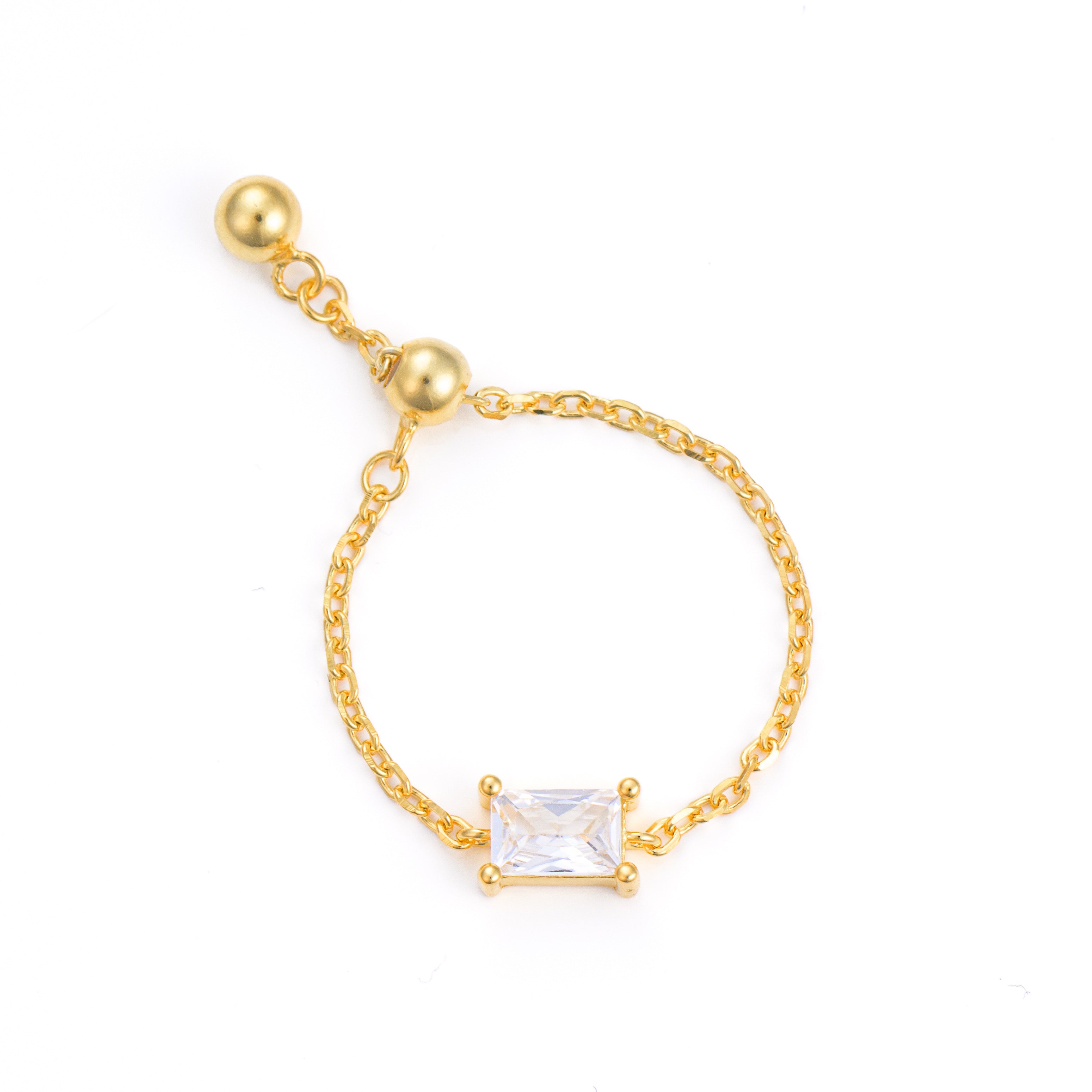 inel ajustabil cu lant argint placat cu aur si piatra zirconia dreptunghiulara