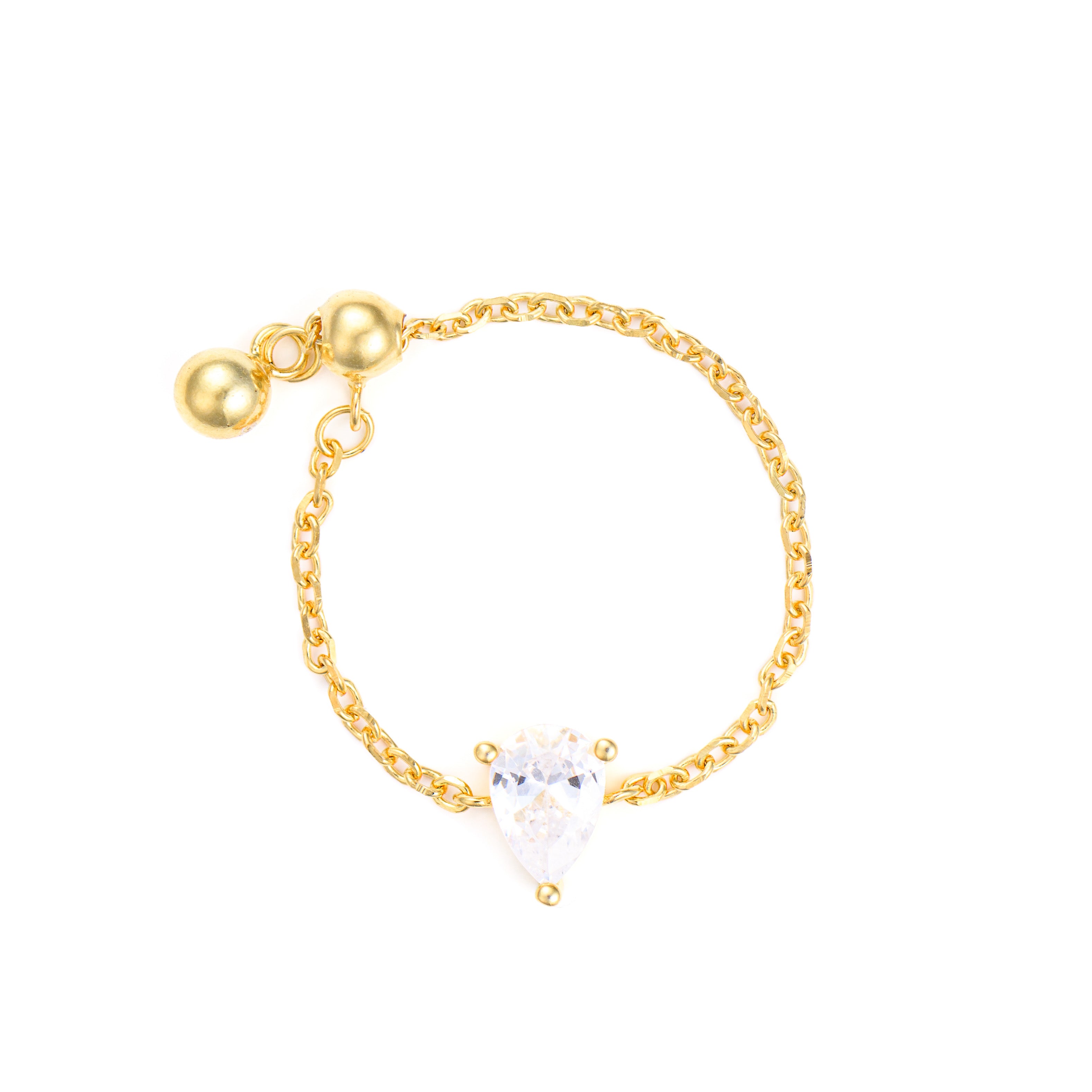 inel ajustabil cu lant argint placat cu aur si piatra zirconia lacrima