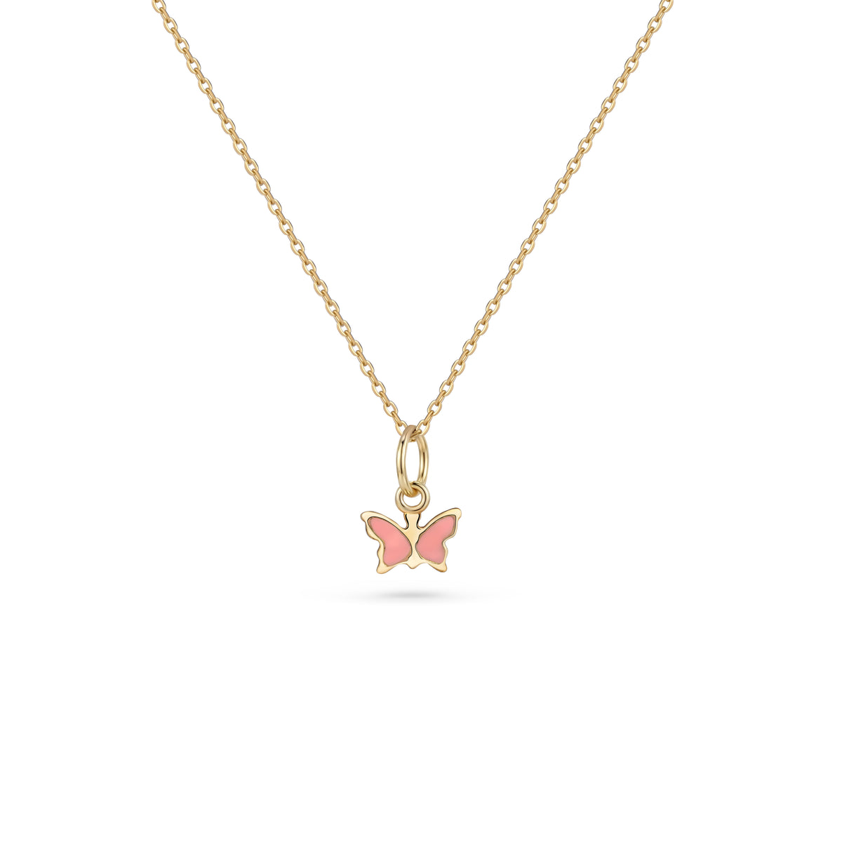Lănțișor din aur de 8K cu pandantiv fluturaș roz, realizat din aur galben, cu design delicat și detalii fine. Bijuterie feminină, ideală pentru purtare zilnică sau cadou. Include cutie signature și certificat de autenticitate.