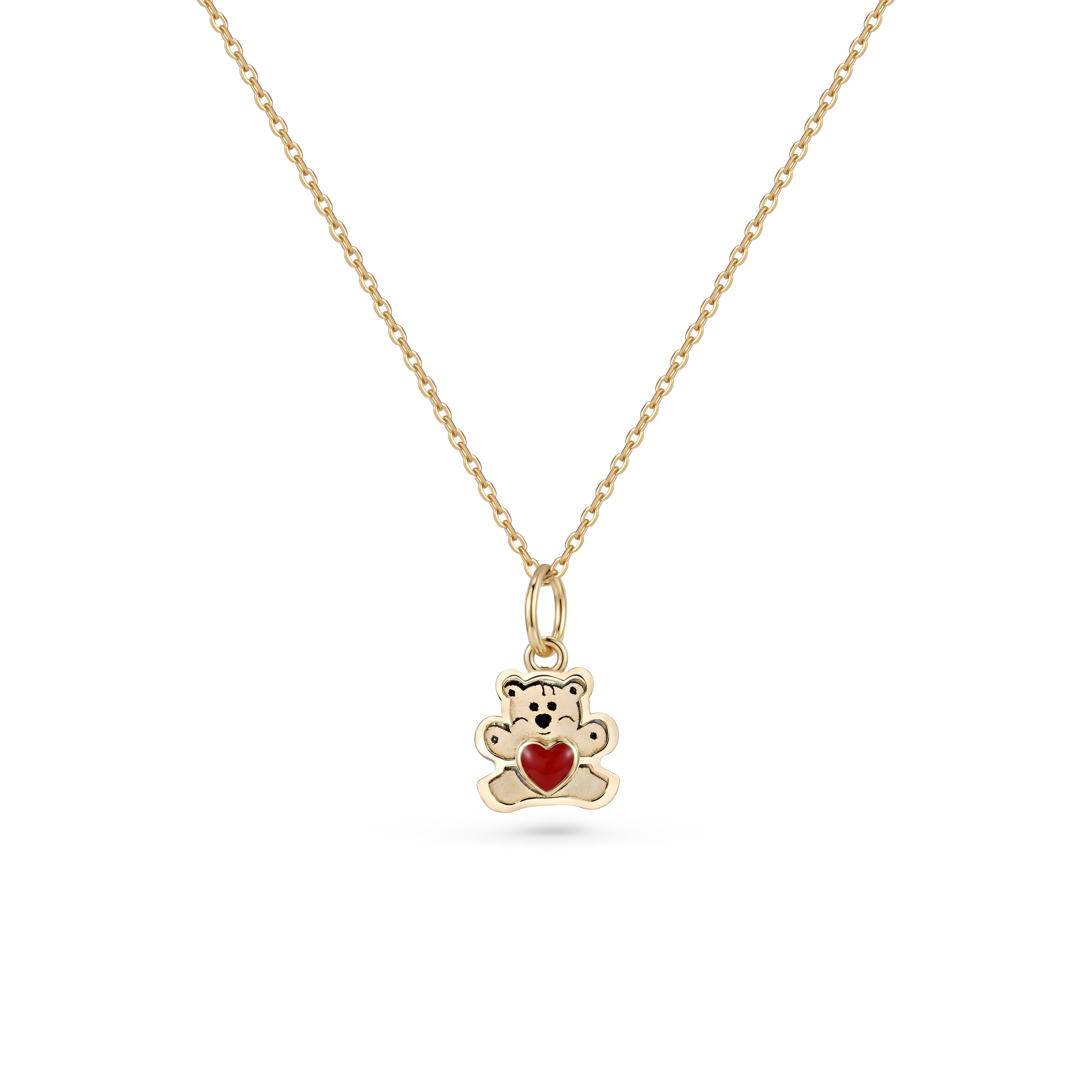 Lănțișor din aur de 8K cu pandantiv ursuleț și inimă roșie, realizat din aur galben, cu design delicat și detaliu colorat. Bijuterie feminină, ideală pentru cadou sau purtare zilnică. Include cutie signature și certificat de autenticitate.
