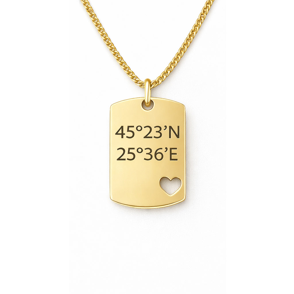 lantisor barbati argint placat cu aur cu placuta personalizata tip tag si inimioara decupata