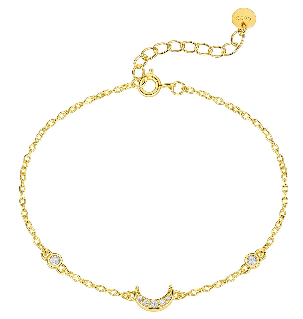 Bratara fină cu semilună din argint placat cu aur 18K si pietre zirconia