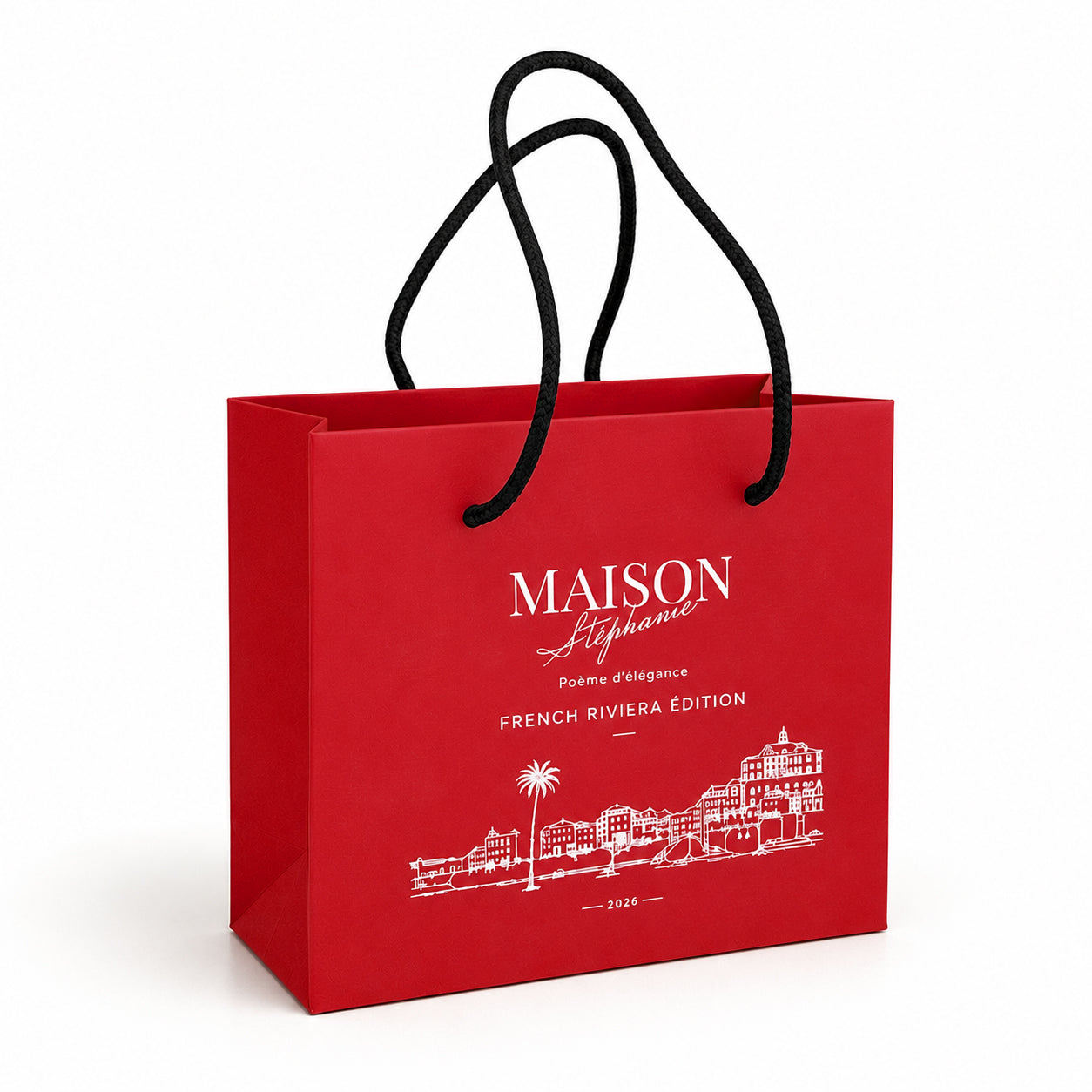Pungă Cadou Luxury MAISON Stéphanie French Riviera Edition pentru bijuterii, din carton premium cu mânere textile negre și design exclusiv inspirat de Riviera Franceză.