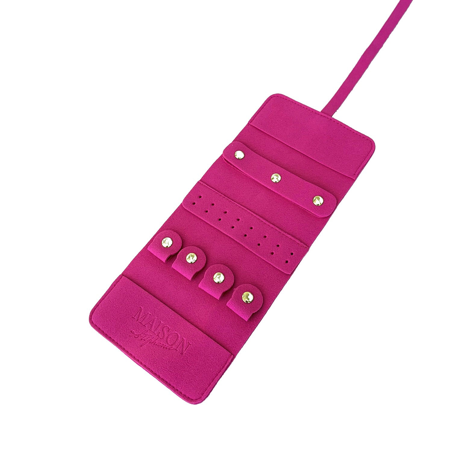Travel Pouch MAISON Stéphanie în nuanța Fuchsia, fotografiat deschis pe fundal alb. Interiorul este căptușit cu material catifelat și include suport pentru inele, compartimente pentru cercei și spații dedicate colierelor și brățărilor, concepute pentru a proteja bijuteriile și pentru a preveni zgârierea sau încurcarea acestora în timpul transportului.