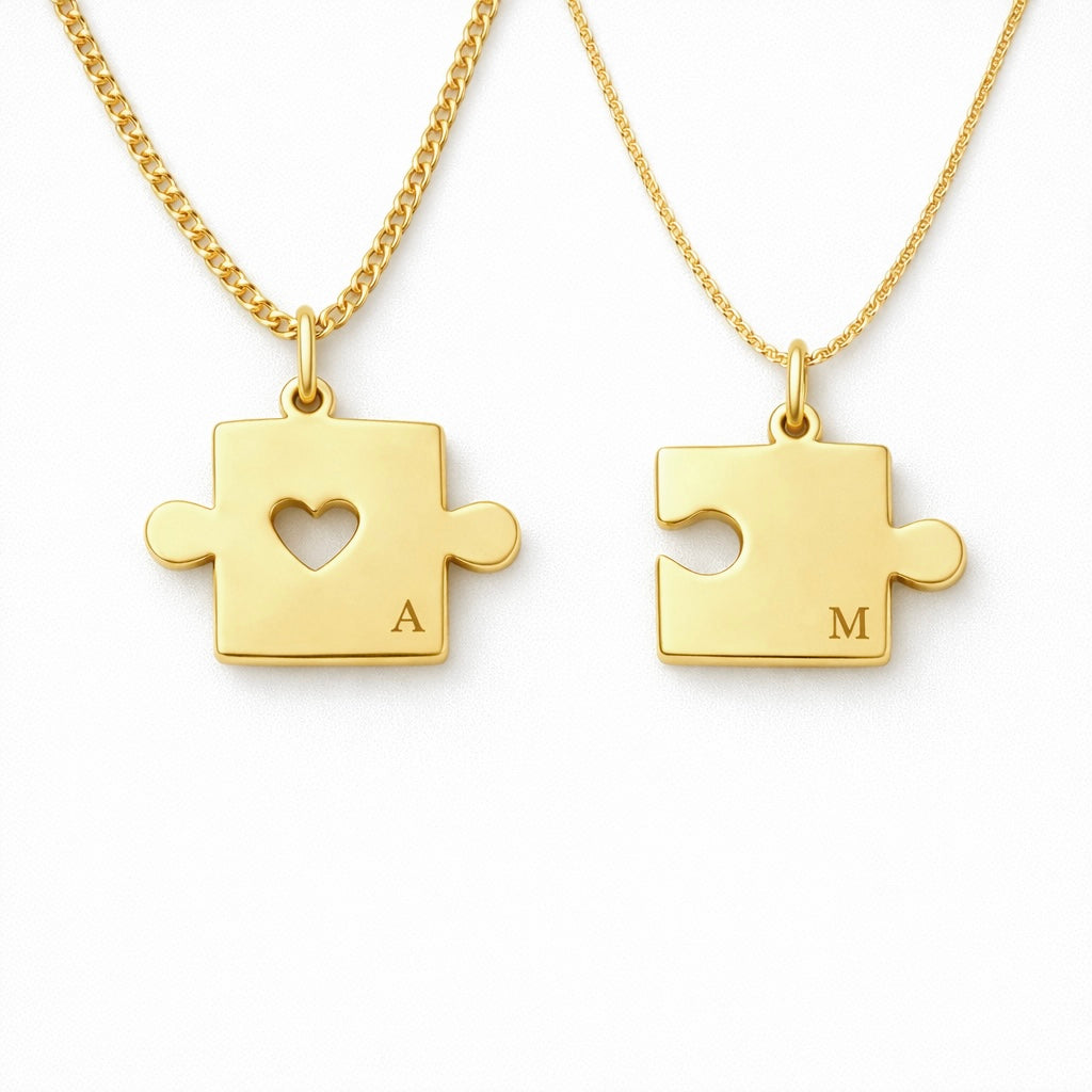 set lantisoare cuplu argint placat cu aur pandantive puzzle perfect match