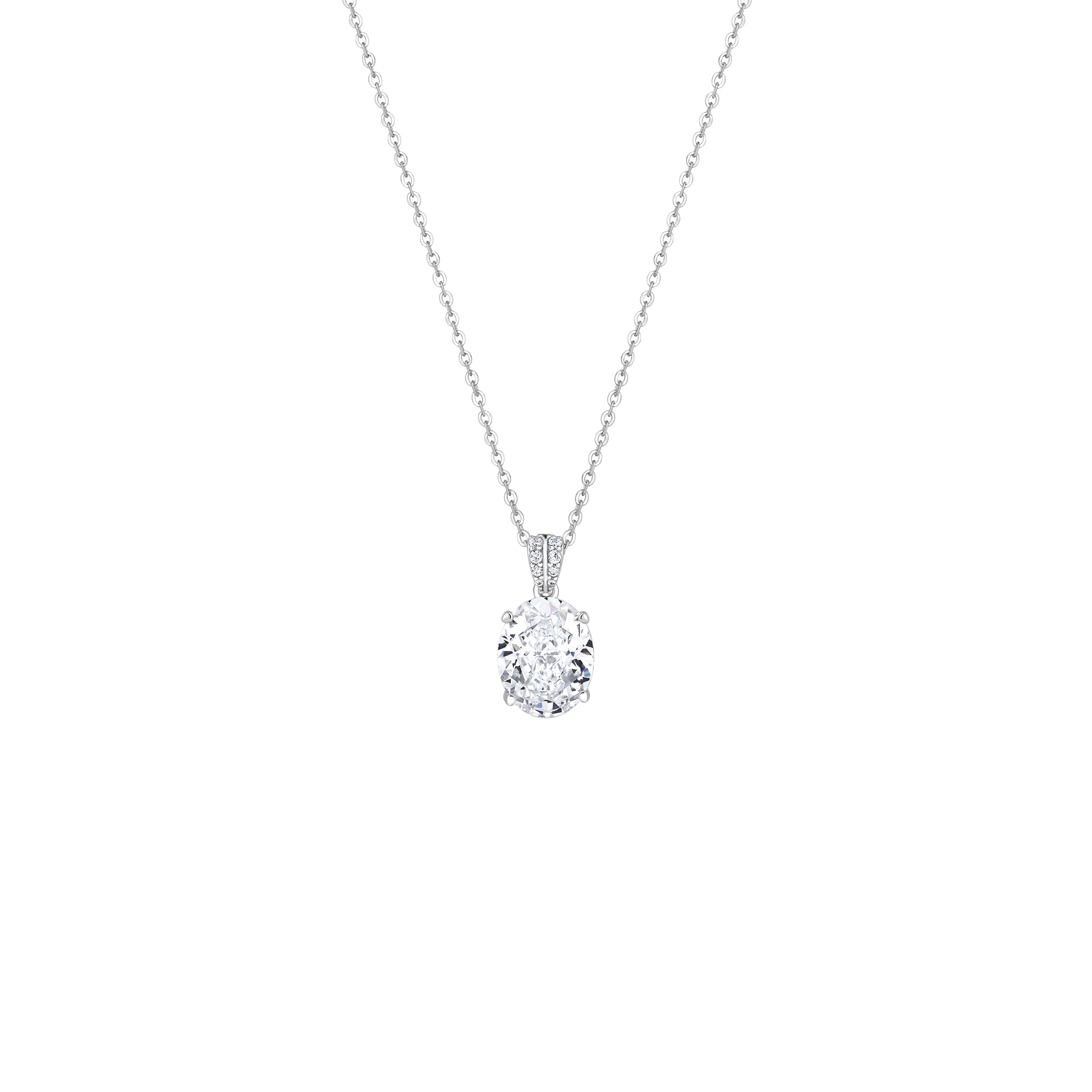 Colier din argint 925 placat cu rodiu, cu moissanit white de 1 ct și tăietură ovală. Bijuterie elegantă, modernă și versatilă.