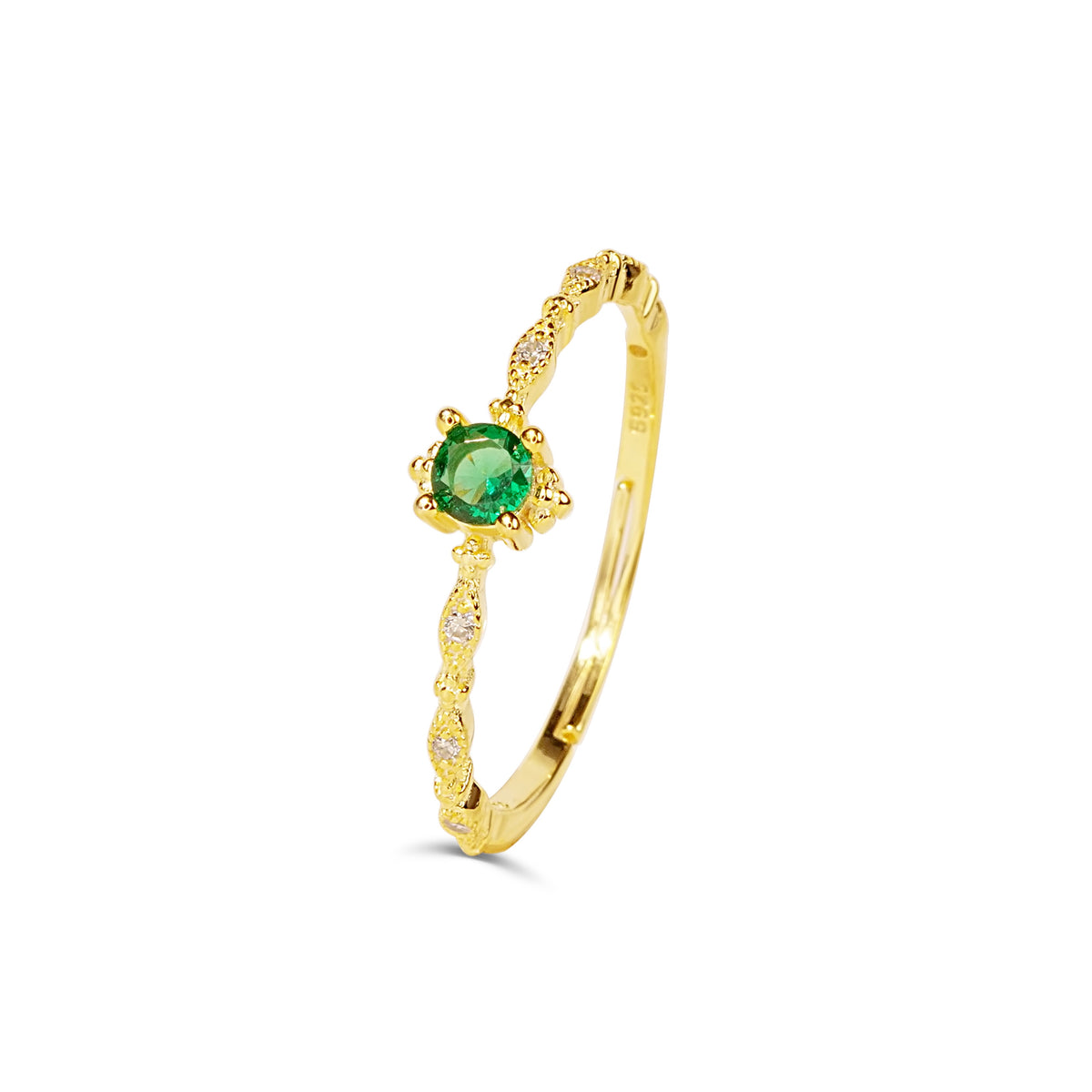 Adjustable Vintage Green Stone Silver Ring, gold plated